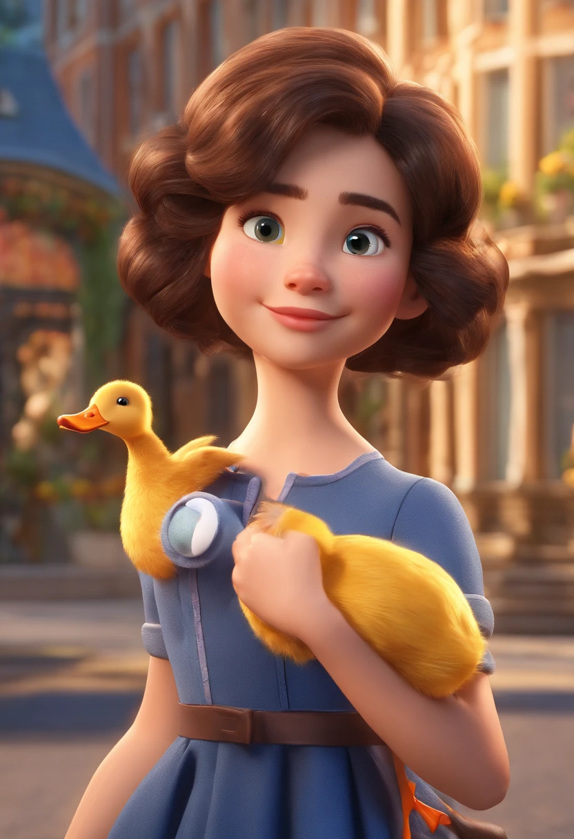 create a Disney poster of a young girl with dark brown curly hair and brown eyes in a navy blue dress in London with a pet duck, personagem pixar, ..3d, Cartoon,