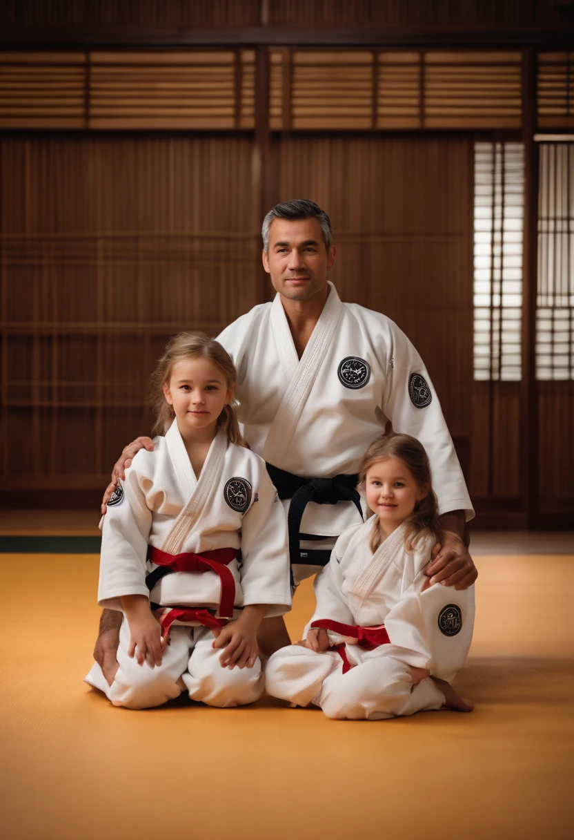 (high resolution, ultra-detailed, best quality:1.2), a father and his two daughters, wearing jiu-jitsu gis, kneeling in the dojo with white tatami.