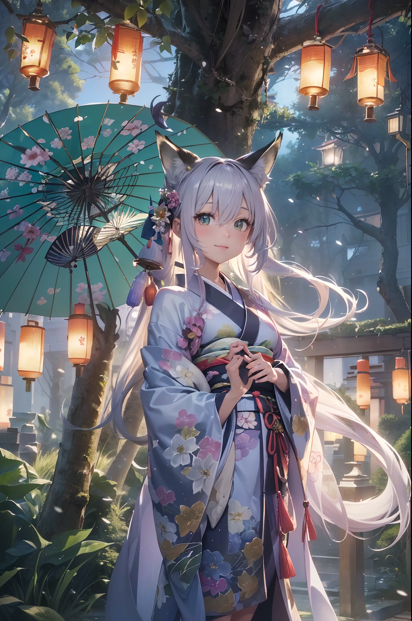 (Official art、Best Quality、Unity 8k Wallpapers、32K、masterpiece、ultra-detailliert、超A high resolution、realisitic、Photorealsitic:1.2)、(Cinematic lighting:1.2)、Fireglow effect、film grains、Best Shadows、Rim lighting、side lights、(Ultra-detailed and complex 3D rendering)、Detailed beautiful face and eyes、(Full body:1.2)、(sideshot、Looking away:1.2)、(Mystical)、Highly detailed background、beauitful face、blurry backround、(super detailed skin、detailed skin textures:1.3)、(There are many umbrellas hanging from trees, in a candy forest! At night, evening lanterns, Colorful lanterns, lanthanum, Japan at night, Colorful lanterns, Hanging lanterns, Wonderland at night, With lantern, Enchanted Garden Photos, parasol, illuminating the area, Outdoor Art Installation, glowing lanterns, !!Beautiful!!, magic scenes:1.2)、cowboy shot、shinny skin、beauitful face、blurry backround、20-year-old beauty、shinny skin、The fox's tail grows、Beautiful silver hair、short-hair、(poneyTail:1.2)、green colored eyes、Fox ears、hair adornments、Gentle smile、(Kimono:1.2)、a miniskirt、wearing kneesocks、beauty legs、