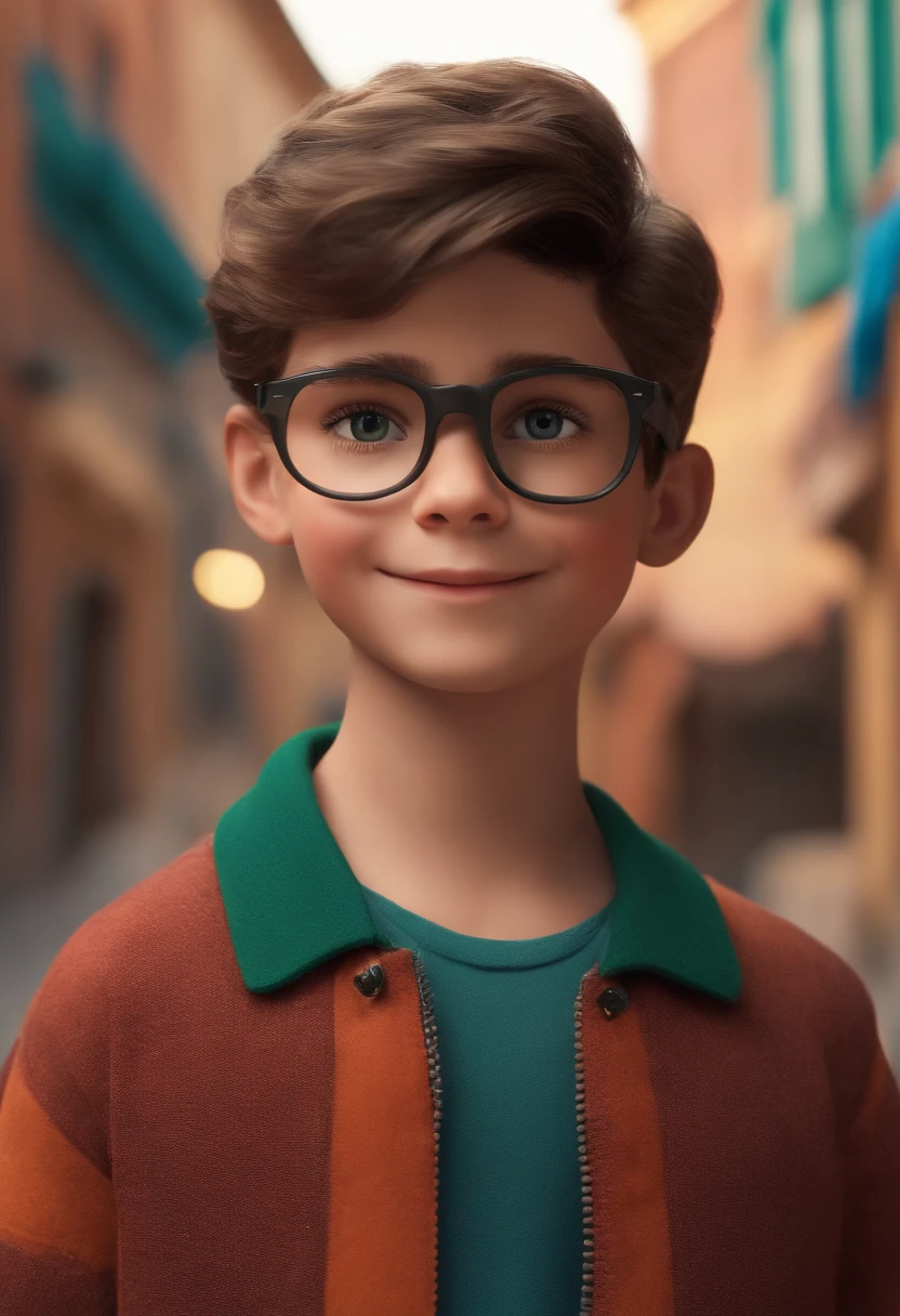 Image of a boy for a story in a YouTube video in Pixar format, He's the allabester, He's the class leader, He's outgoing, Playful and gets up for a lot of things, cabelo curto, barba no rosto, usando oculos