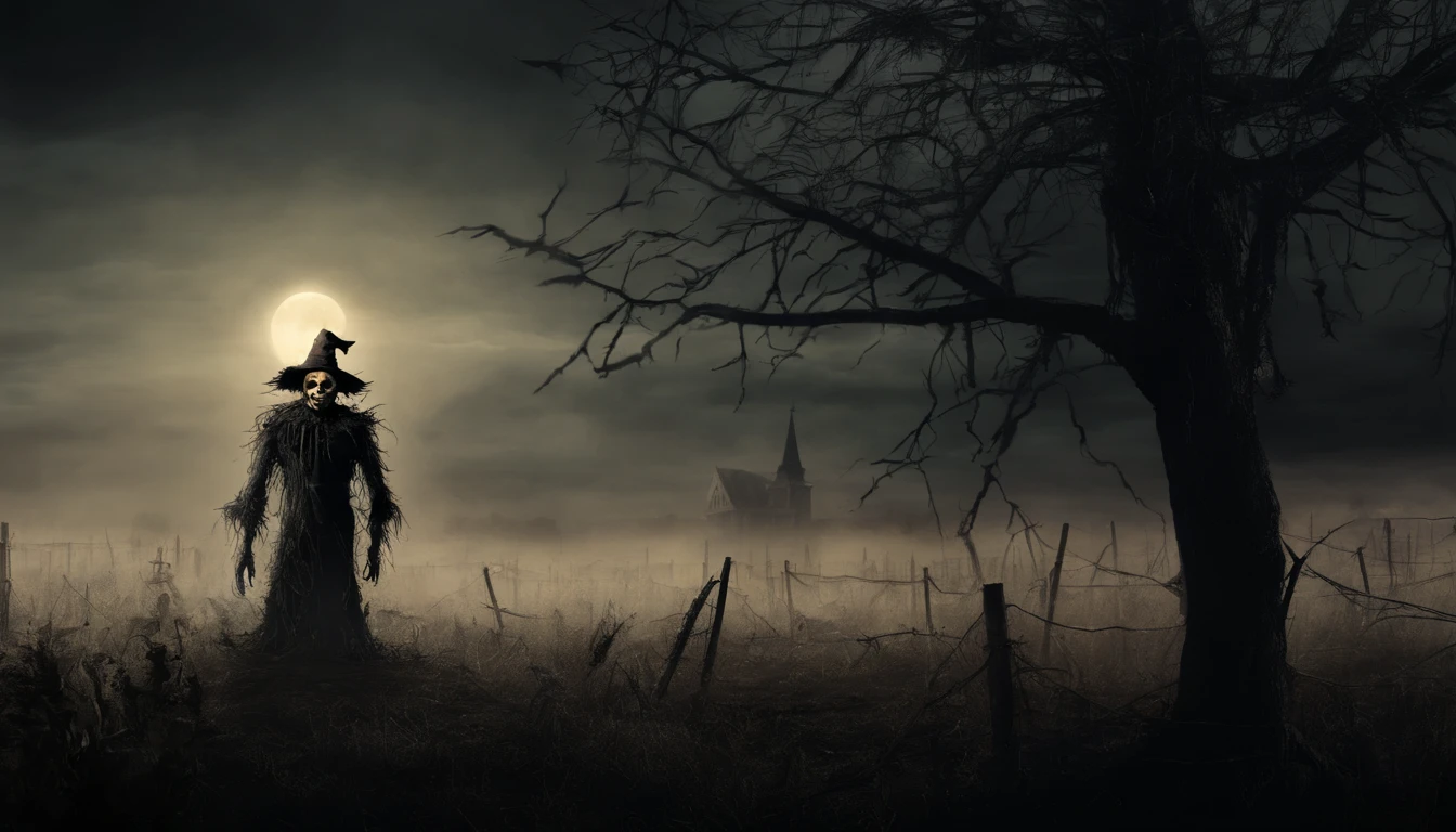 creepy scarecrow in a field at night, halloween night, creepy haunted house in the background, ultra detailed, masterpiece.
