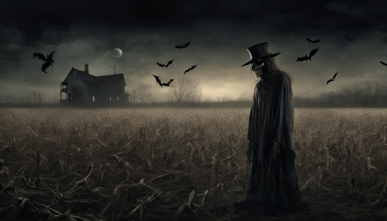 creepy scarecrow in a field at night, halloween night, creepy haunted house in the background, ultra detailed, masterpiece.