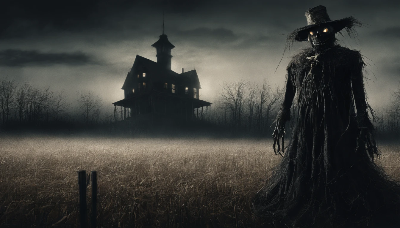 creepy scarecrow in a field at night, halloween night, creepy haunted house in the background, ultra detailed, masterpiece.
