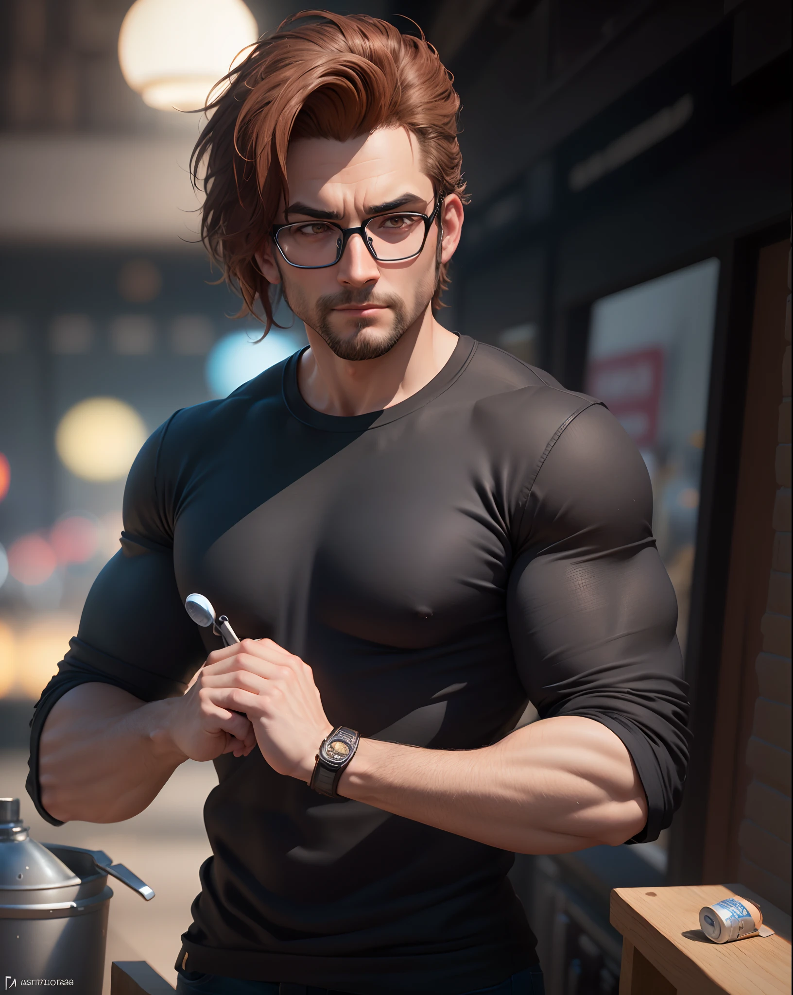 Cartoon character of a man wearing black glasses and a black shirt, cabelos pretos grisalhos, barbeiro,cortando o cabelo de umacrianca,barbearia com vlientes no fundo um personagem animado, Caractere estilizado, animation style rendering, 3D estilizado, Arnold Maya render, 3 d render stylized, toon render keyshot, Personagem 3D, Personagem 3D, 3d rendering stylized, 3 d character render, personagem de desenho animado, Personagem de close up, Pose de personagem, (Estilo Pixar) (master part:1.2) (Bokeh) (best quality) (pele detalhada) (textura detalhada) (8k) (argila) (Cinematic lighting) (foco nítido,Senta e vaza a parte superior do corpo