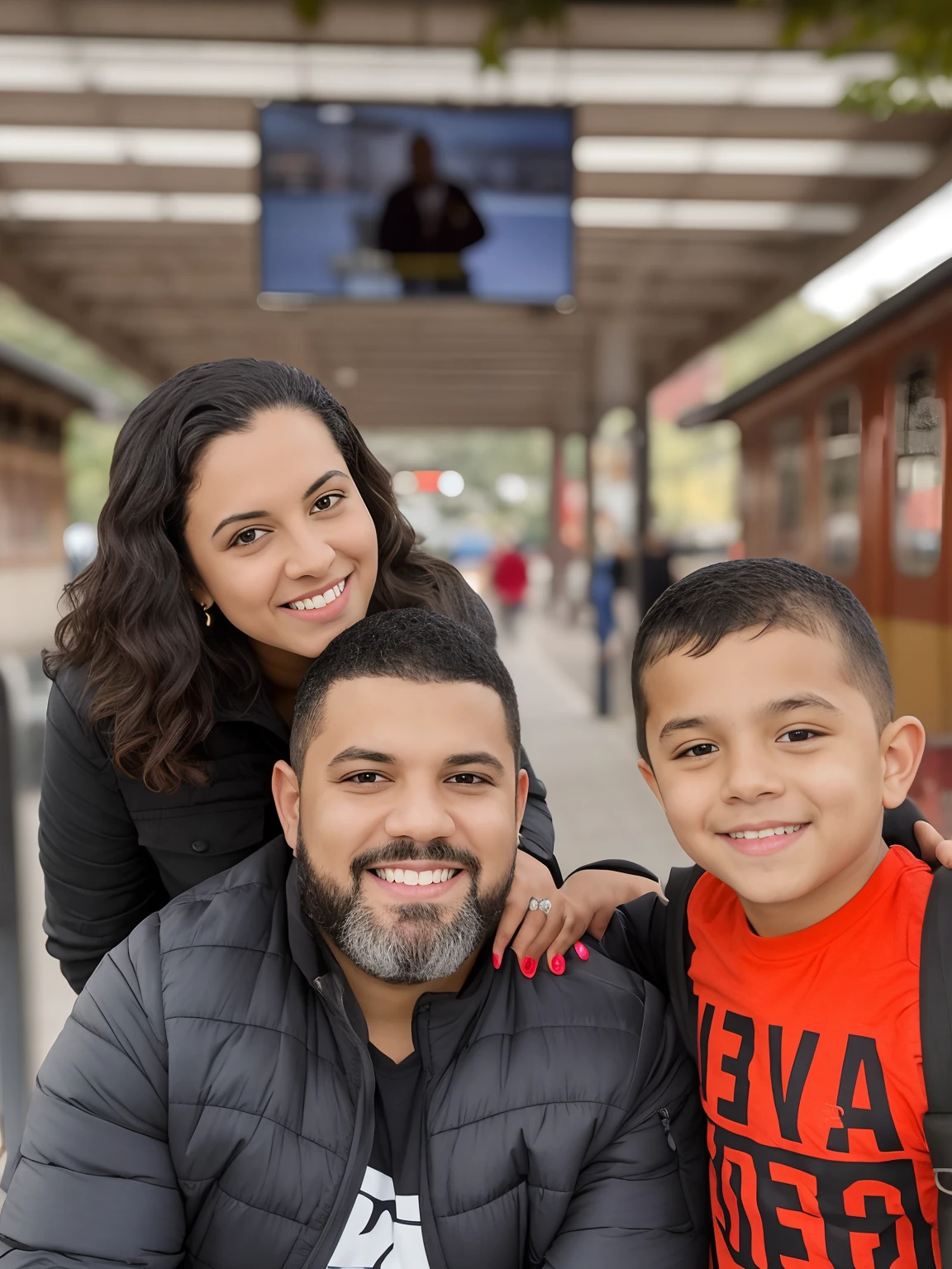 Smiling family posing for a photo at a train station, marido esposa e filho, imagem de perfil, vacation photo, portrait of family of three, Family photo, arte mista, imagem de quadro completo, Postagem no Reddit, Foto de quadro completo, foto modo retrato, imagem retrato, Directed by: David Ruby, facebook post, Retrato de Danny Gonzalez, family portrait, belos arredores