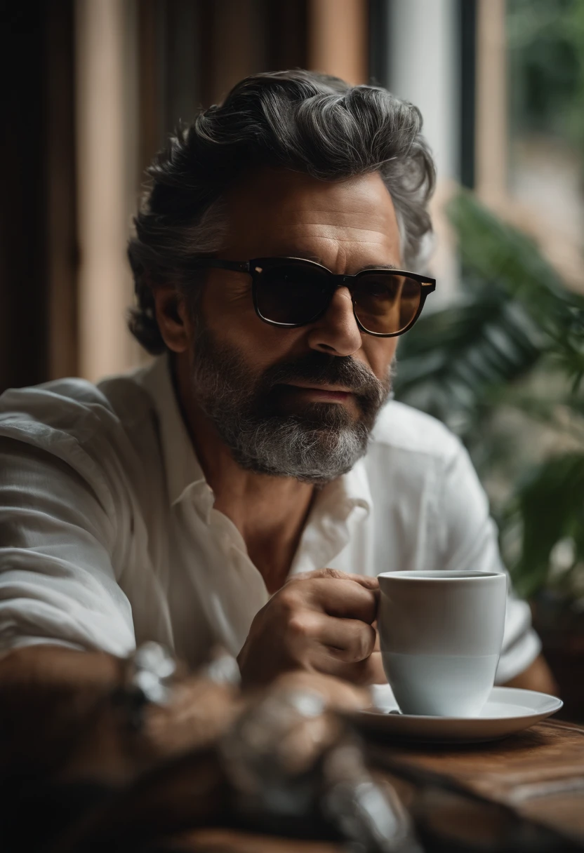 1 homem, um homem acima do peso de 45 anos, cabelo grisalho com corte moderno, pele morena, oculos de leitura, watch on arm, iPhone 15 on the counter, vestindo camisa branca de manga comprida e gravata, drinking coffee, soft-lighting, obra-prima, melhor qualidade, 8k uhd, dslr, grain of film, pintura fotorrealista Fujifilm XT3 arte de midjourney e greg rutkowski