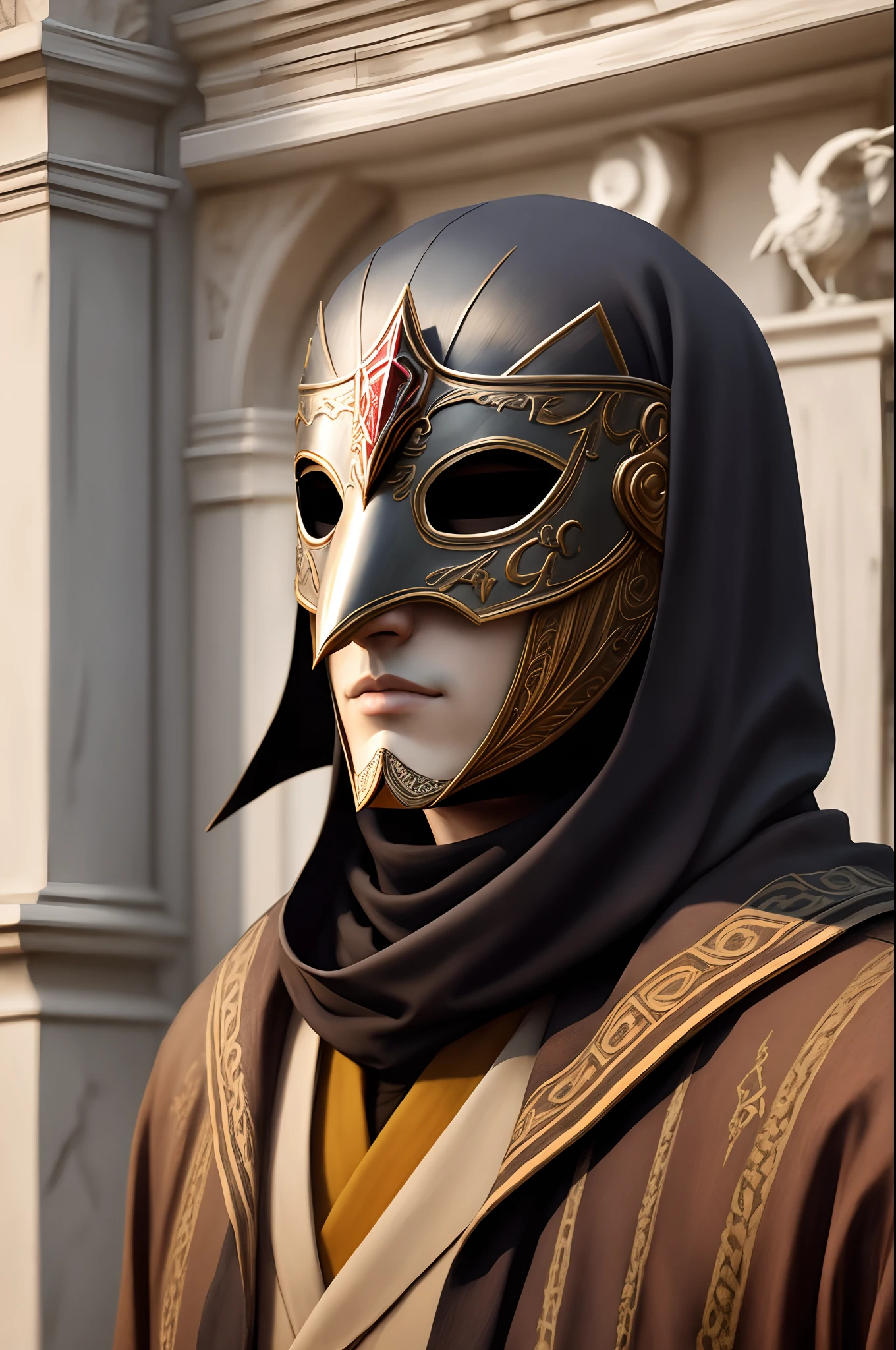 a Venetian-style assassin's mask with a bird's beak