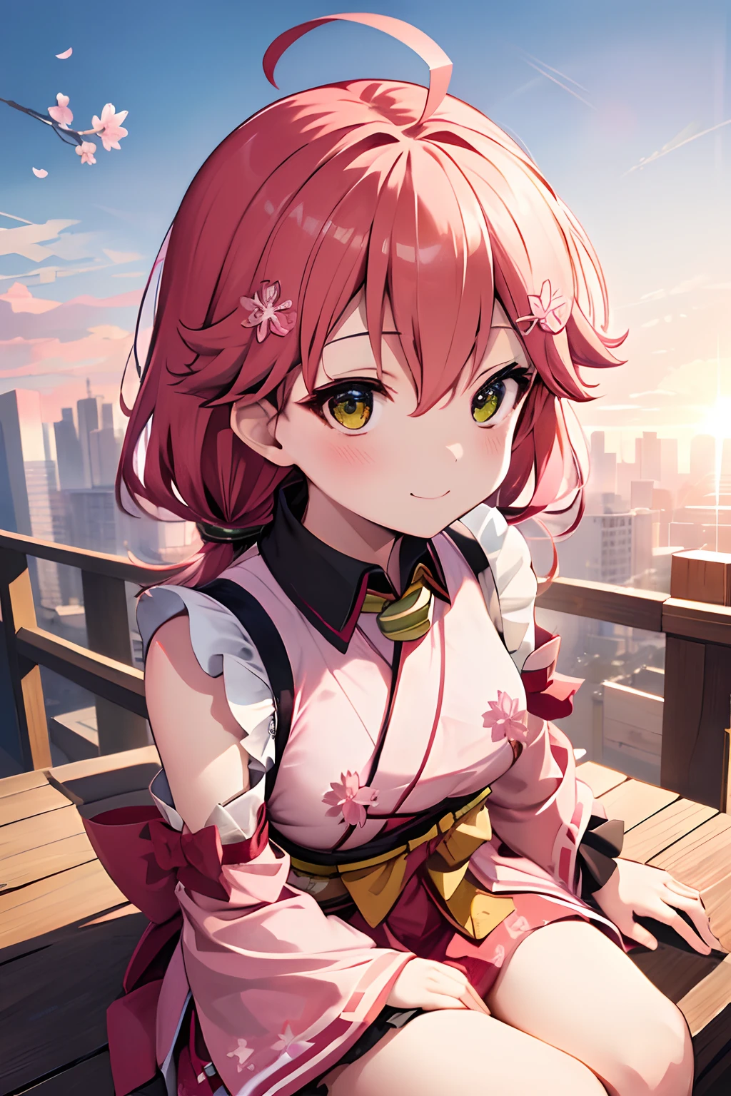 ((人物: Sakura miko)), (Masterpiece), (Professional Photography:1.2), (High Definition:1.3), from above, 8k, portrait shot, best quality, highres, Textured skin, cinematic lighting, original,1girl, solo, smile, blush, sit on rooftop, (morning cityscape), pale pink, (ahoge)