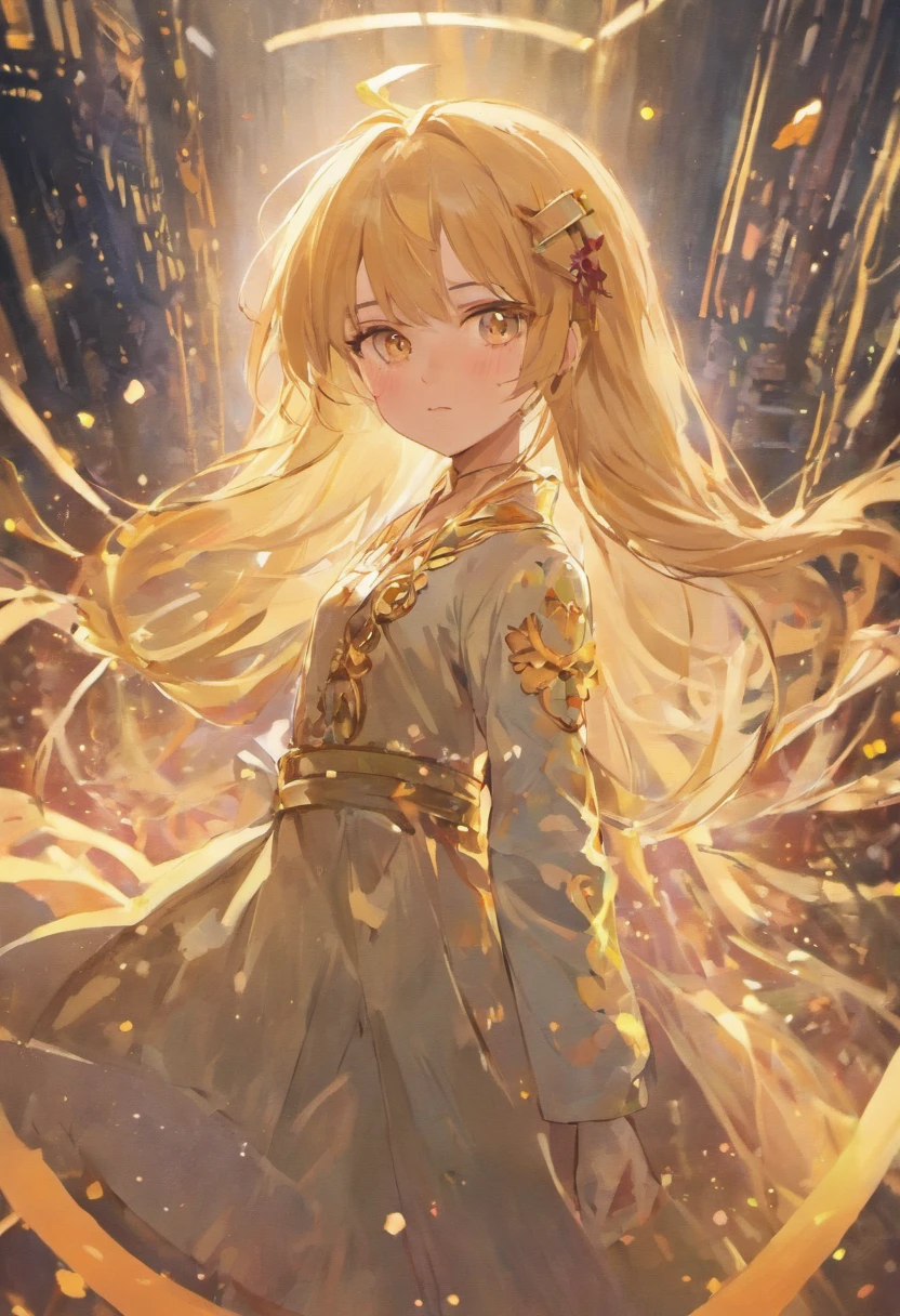 Height 157 cm，-yeld giCaucasians，Flesh-colored hair with large wavy waist-length hair，With bangs，Golden eyes