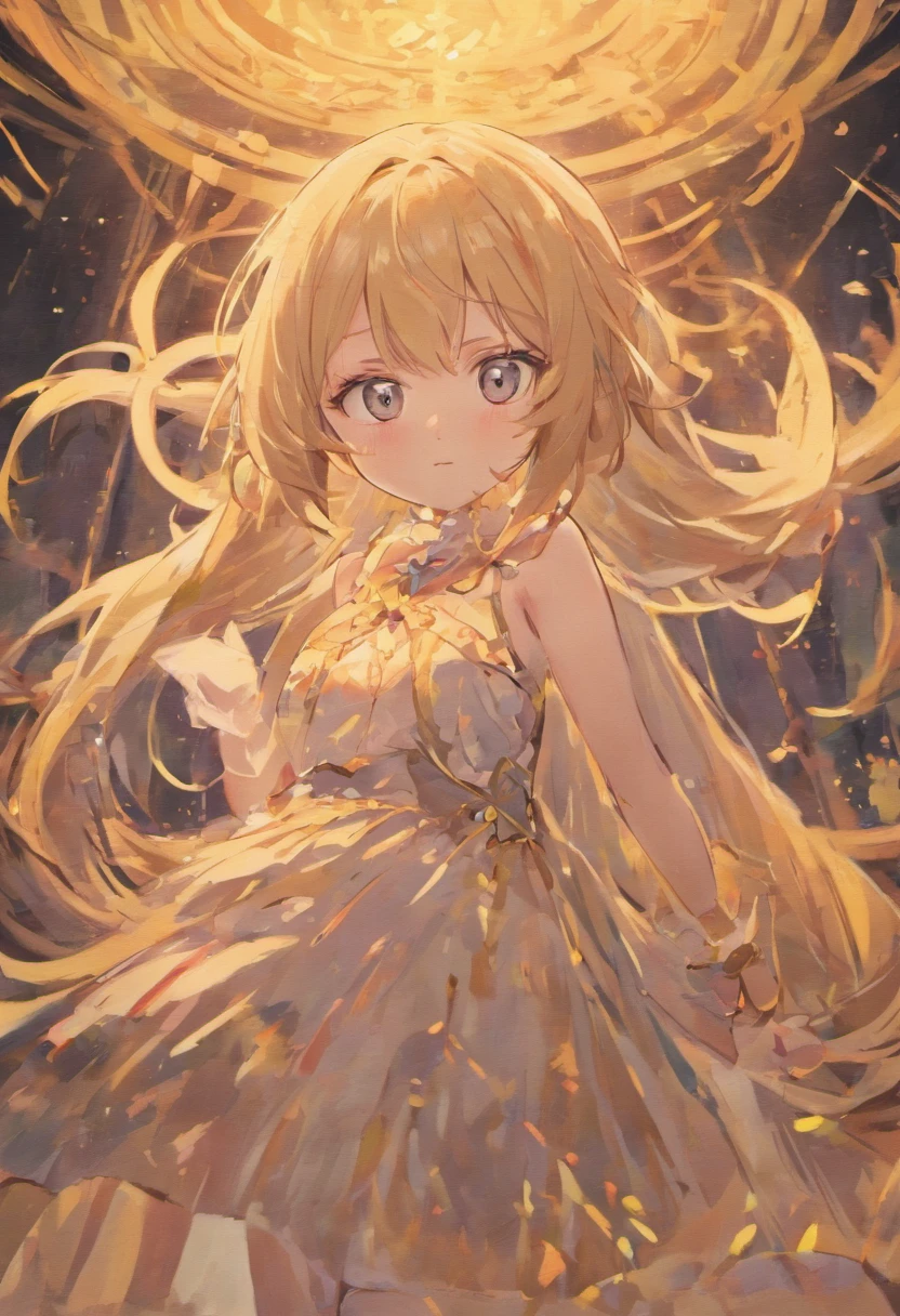 Height 157 cm，17-year-old girl，Caucasians，Flesh-colored hair with large wavy waist-length hair，With bangs，Golden eyes