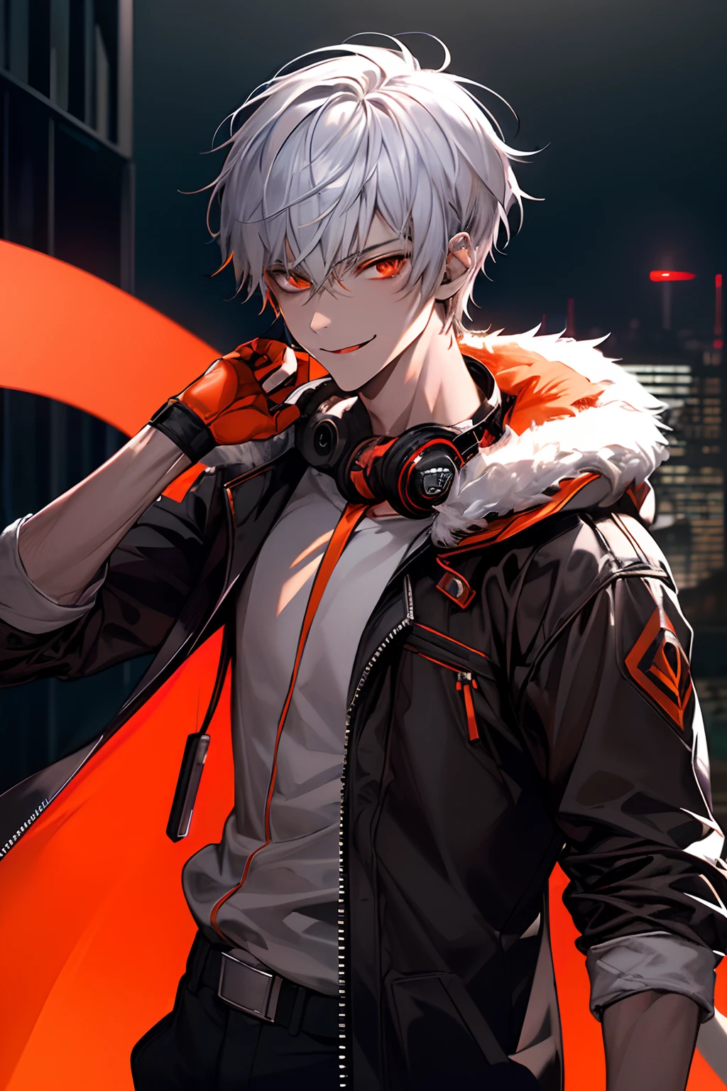 {{top-quality,masterpiece,8k wallpaper}},Ultra-detailed CG Unity,Cinematographic lighting,((1 teenager)),a handsome,a 20-year-old boy,slender,Looking at the camera,evil smile,put out the tongue,close up of face,{{Sunburned skin,Brown skin,Arab}},sharp gaze,((Red and orange eyes)),Cyberpunk City at night,platinum silver hair,short-haired,parka,Hang the headphones around your neck,perfect hand,dark boy.