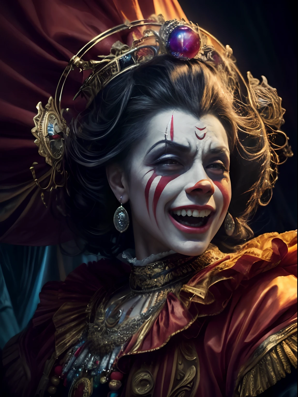 (Best quality,4K,8K,A high resolution,Masterpiece:1.2),Ultra-detailed,(Realistic,Photorealistic,photo-realistic:1.37),hdr,hyper HD,Studio lighting,Ultra-fine painting,Sharp focus,Physically-based rendering,Extreme detail description,professional,terroral，Crazy clown, Ancient emperors dressed up，The face is painted with a clown pattern，Kaihuai，A haughty expression，intense eyes，Oil painting, Vibrant colors, Detailed facial expressions, Luxurious clothing, Circus props, Dramatic lighting, spooky ambiance, haunted background, Painted brushstrokes, style of surrealism,