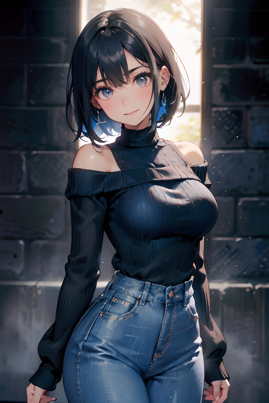 a 20 yo woman、Black-haired head hair、Bery short hair、Big smile、cleavage of the breast、Clothes with open chest、(hi-top fade:1.3)、dark themed、Muted Tones、Subdued Color、highly contrast、(natural skin textures、Hyper-Realism、Soft light、sharp) Black skirt, (Blue sweater:1.5), Long sleeves, off shoulders, off-the-shoulder sweater, Puffy sleeves, Skirt, Sweaters, White ribbon，