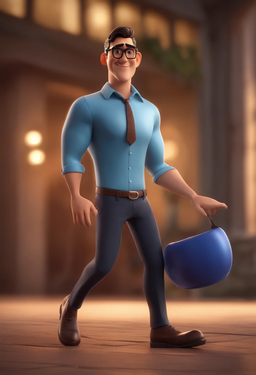 Cartoon character of a man with black glasses and a blue shirt, animation character, Caractere estilizado, animation style rendering, 3D estilizado, Arnold Maya render, 3 d render stylized, toon render keyshot, Personagem 3D, Personagem 3D, 3d rendering stylized, 3 d character render, personagem de desenho animado, Personagem de close up, Pose de personagem,  (Estilo Pixar) (master part:1.2) (Bokeh) (best quality) (pele detalhada) (textura detalhada) (8k) (argila) (Cinematic lighting) (foco nítido