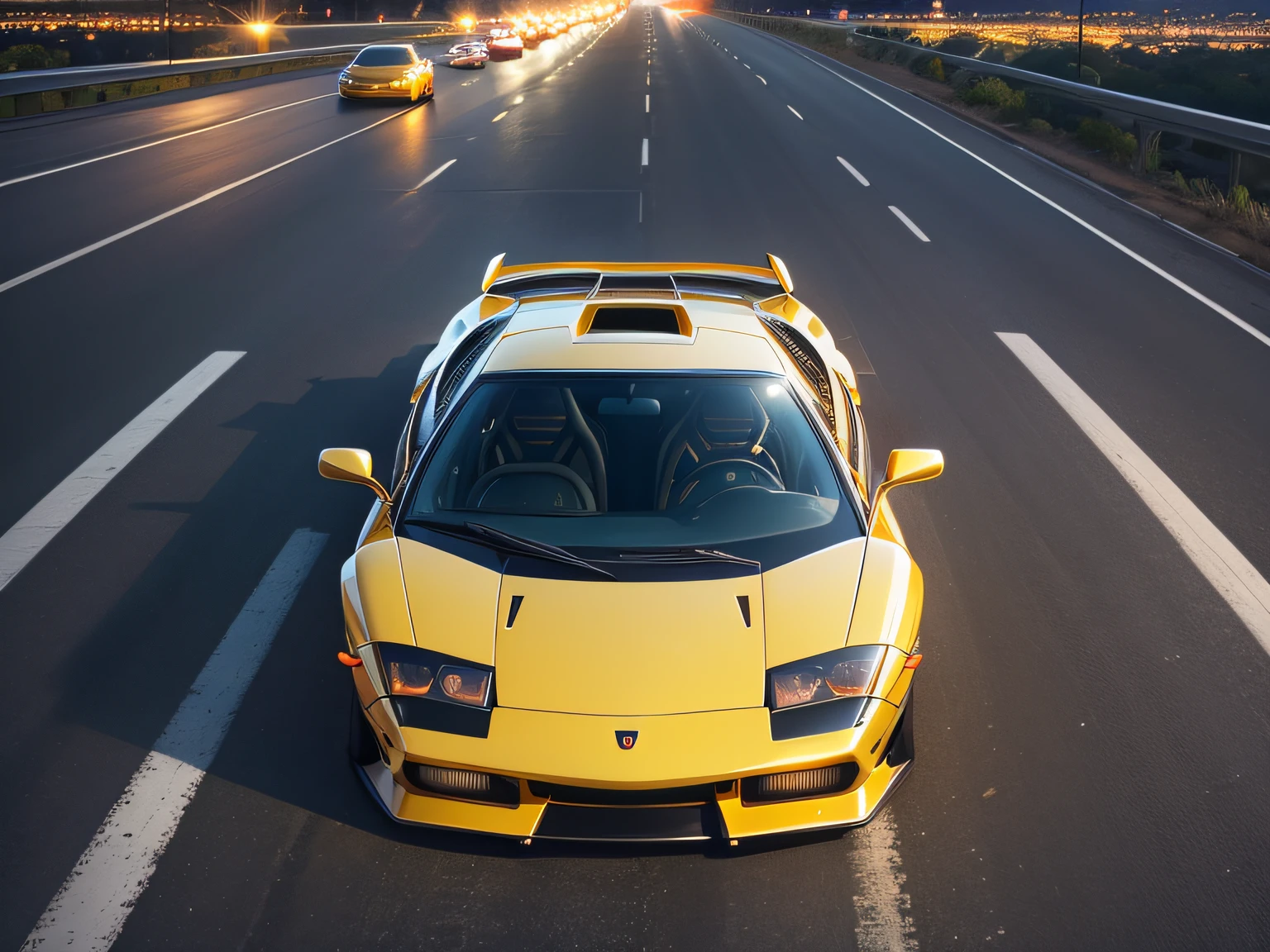 超A high resolution、An ultra-high picture quality、8K、Detailed details、marvelous expression、Big city at night、 Lamborghini Diablo in metallic yellow on the highway、Turn on the headlights、Ride beautifully through the highway at night、