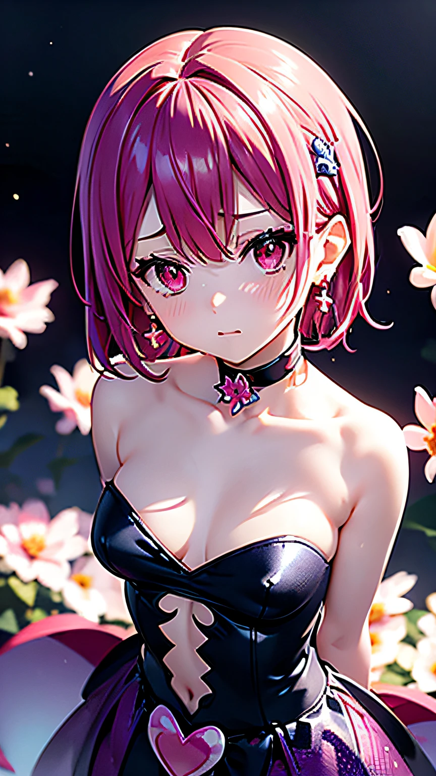 (masutepiece, Best Quality),Pink starry background,Purple Choker,Red Eyes,flower,Blue Mesh Dress,Bare_shoulders,鎖骨,earrings,Jewelry,(flower,fire),hair behind ear,
Sense of depth,4K,absurderes,(From  above),Dynamic Angle,