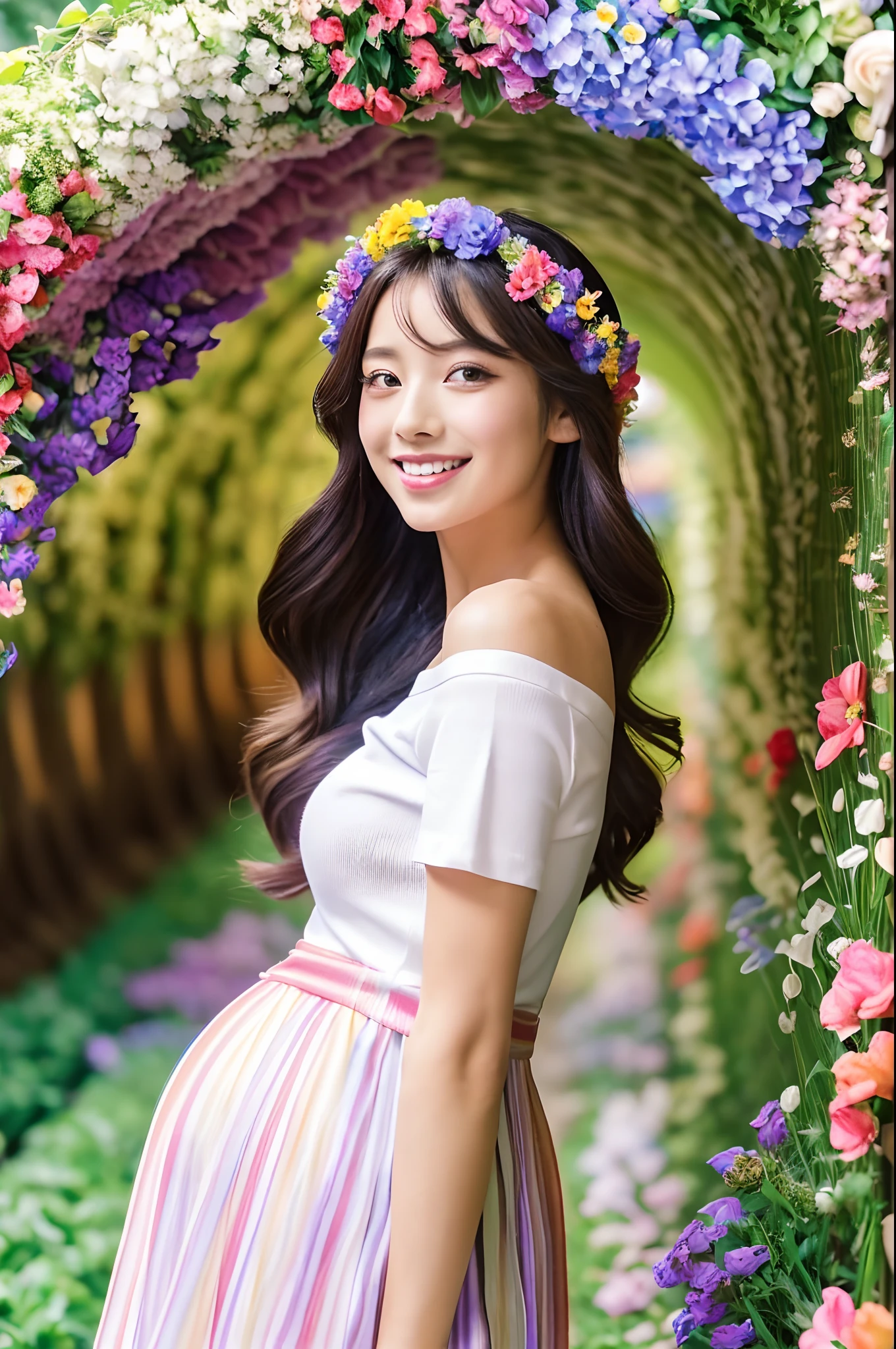 ((1 schoolgirl,pregnant,Gal Photoreal,White off-the-shoulder T-shirt,a miniskirt,large full breasts,Photograph the whole body,thighs thighs thighs thighs,The biggest smile staring at the camera,Big smile,Looking at the camera)),((((Flower arch,Flower Tunnel,a large amount of flowers,Surrounded by flowers,the flower crown,Flower garden,Detailed flower garden,Filled with flowers,A tunnel made entirely of flowers,Arches filled with flowers,Everything is filled with flowers,Fill it with flowers without gaps,The whole thing is colorful,Everything is colorful,The largest flower garden in the world,Complex Flower Tunnel,Intricate floral arches,Very bright flowers))))colourful hair、A bracelet,耳Nipple Ring,gyuru,Perfect makeup,Scrunchie,Glitter powder on the face,Vertical Painting、Exquisite makeup、long eyeslashes、looking at the spectator、rainbow-colored hair, Top image quality, Top image quality, ​masterpiece, 独奏, depth of fields, (elegent: 1.2), a gorgeous,length hair, the wind, (elegent: 1.3), (((​masterpiece)))、(((top-quality)))、((ultra-detailliert))、((beautifull detailed face))、colourful hair、(((striated hair))、beatiful detailed eyes、((((a high chroma))))