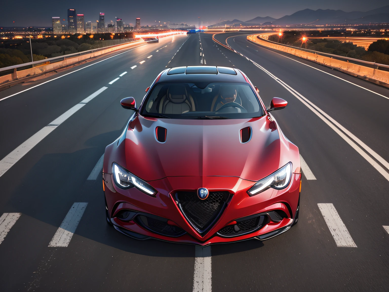 超A high resolution、An ultra-high picture quality、8K、Detailed details、marvelous expression、Big city at night、One Alfa Romeo Navajo on the highway、Turn on the headlights、Beautifully drive through sharp curves、