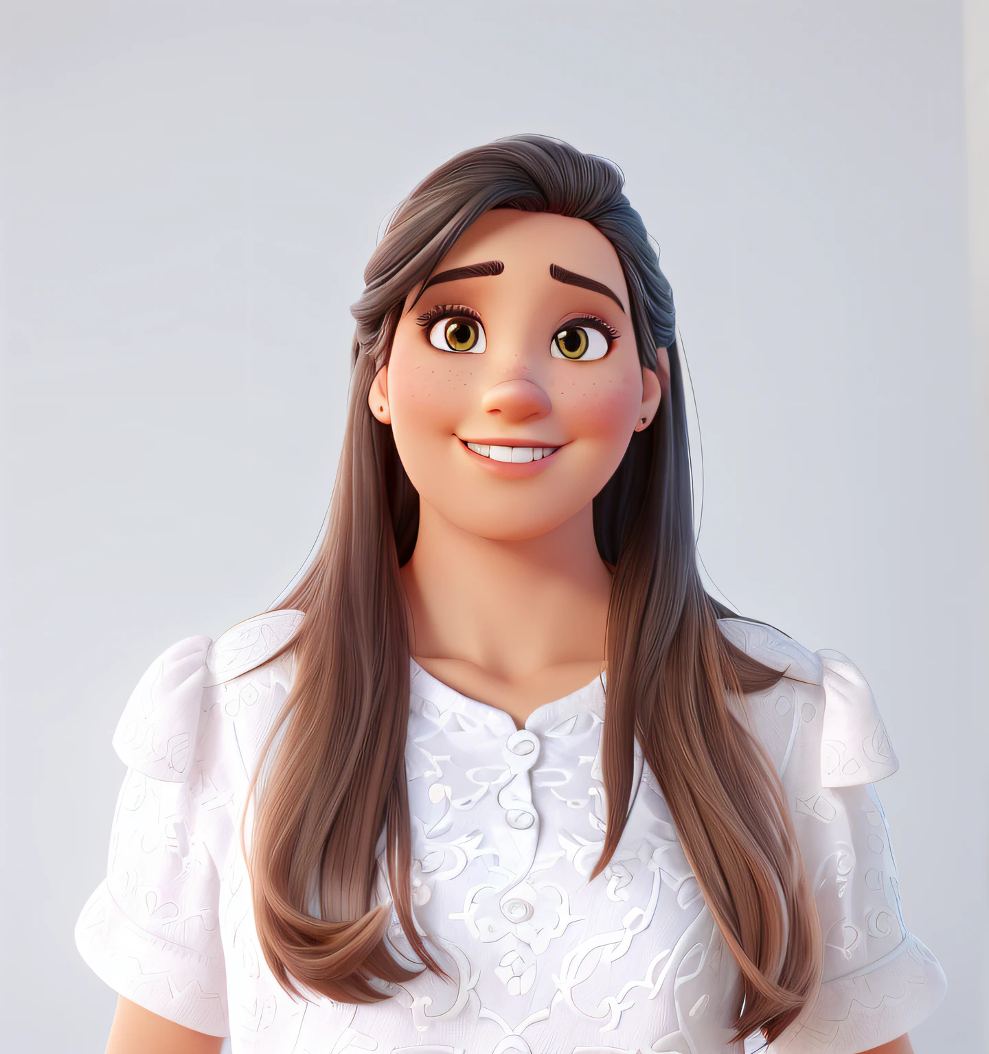 Uma jovem de 43 anos, , cabelos castanhos, no comprimento dos ombros, olhos grandes e castanhos, large eyelashes, nariz arredondado, wearing a fuchsia-colored strappy blouse, Denim Jeans Pants, white sneakers, in a historic city like Tiradentes,cartoon style teacher posing like a heart with her hands, disney pixar style, bright eyes, ultra detailed image, 8k, intricate, complex, octane rendering