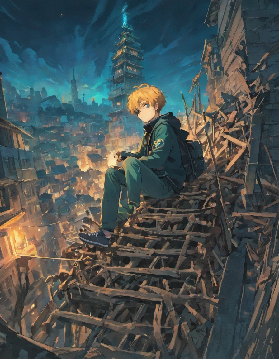 ruined and devastated city、A boy sits on the skeleton of a building with only the skeleton left
