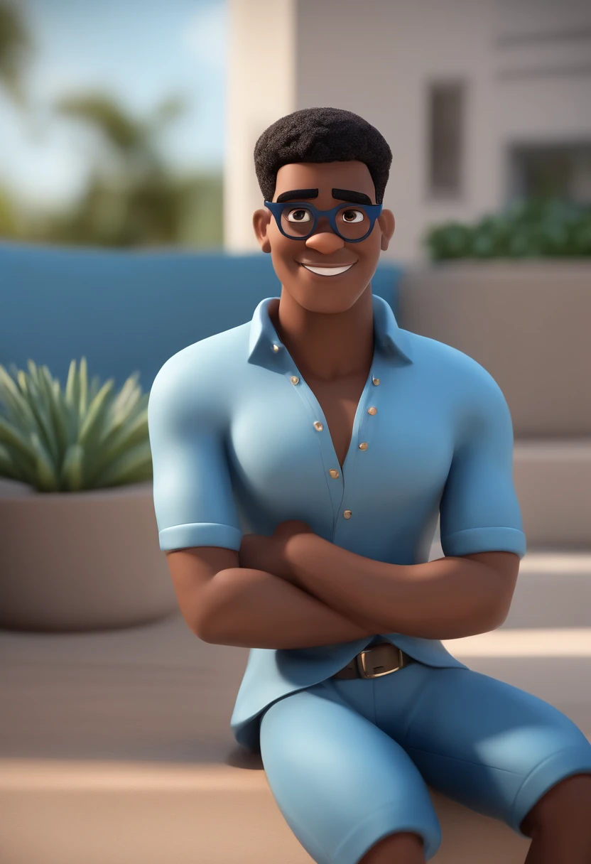 Cartoon character of a black man wearing black glasses and a blue shirt, plano de fundo com uma vila cheia de pessoas  um personagem animado, Caractere estilizado, animation style rendering, 3D estilizado, Arnold Maya render, 3 d render stylized, toon render keyshot, Personagem 3D, Personagem 3D, 3d rendering stylized, 3 d character render, personagem de desenho animado, Personagem de close up, Pose de personagem, (Estilo Pixar) (master part:1.2) (Bokeh) (melhor qualidade) (pele detalhada) (textura detalhada) (8k) (argila) (Cinematic lighting) (foco nítido，Senta e vaza a parte superior do corpo