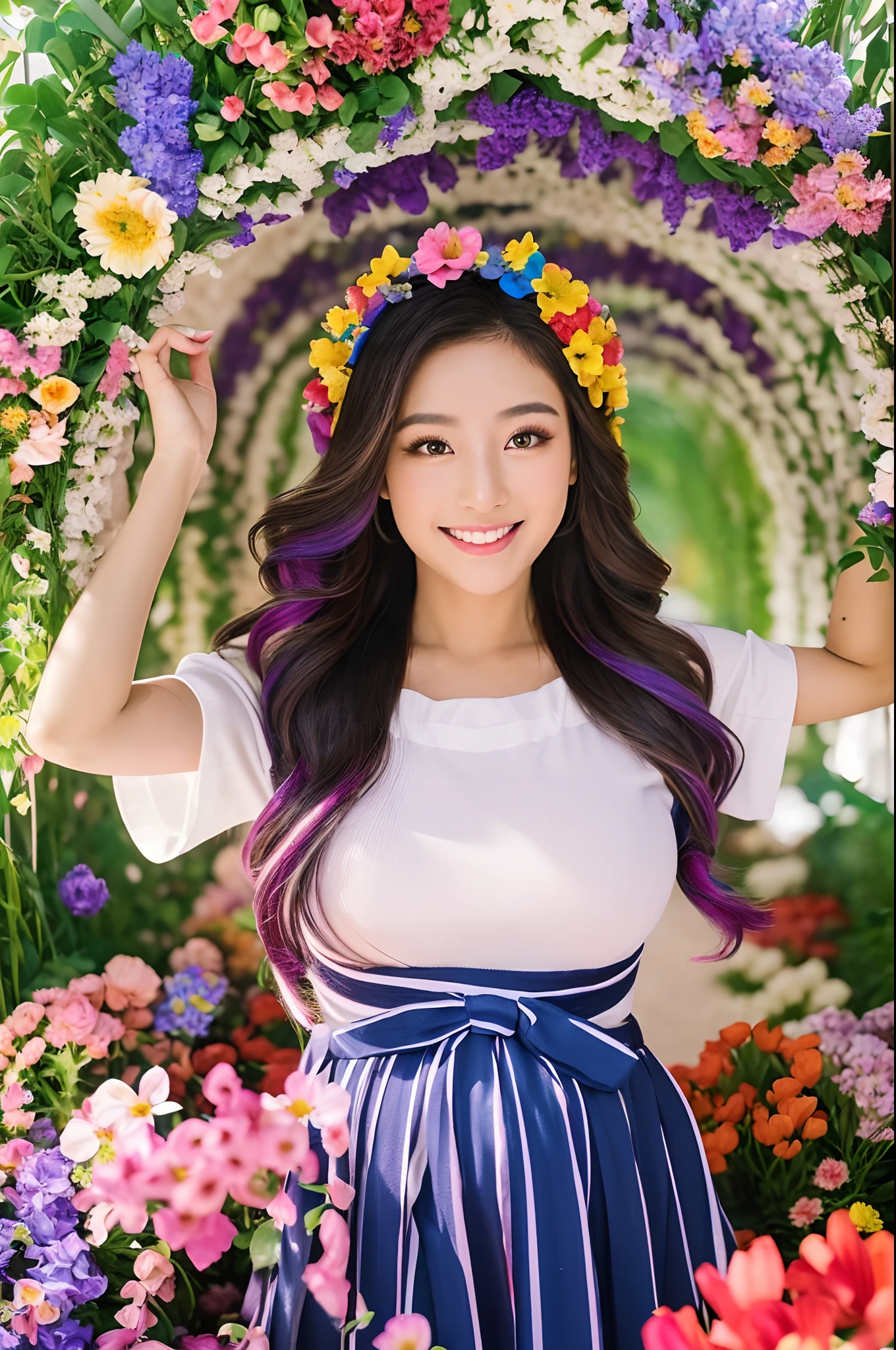((1 schoolgirl,pregnant,Gal Photoreal,White off-the-shoulder T-shirt,a miniskirt,large full breasts,Photograph the whole body,thighs thighs thighs thighs,The biggest smile staring at the camera,Big smile,Looking at the camera)),((((Flower arch,Flower Tunnel,a large amount of flowers,Surrounded by flowers,the flower crown,Flower garden,Detailed flower garden,Filled with flowers,A tunnel made entirely of flowers,Arches filled with flowers,Everything is filled with flowers,Fill it with flowers without gaps,The whole thing is colorful,Everything is colorful,The largest flower garden in the world,Complex Flower Tunnel,Intricate floral arches,Very bright flowers))))colourful hair、A bracelet,耳Nipple Ring,gyuru,Perfect makeup,Scrunchie,Glitter powder on the face,Vertical Painting、Exquisite makeup、long eyeslashes、looking at the spectator、rainbow-colored hair, Top image quality, Top image quality, ​masterpiece, 独奏, depth of fields, (elegent: 1.2), a gorgeous,length hair, the wind, (elegent: 1.3), (((​masterpiece)))、(((top-quality)))、((ultra-detailliert))、((beautifull detailed face))、colourful hair、(((striated hair))、beatiful detailed eyes、((((a high chroma))))