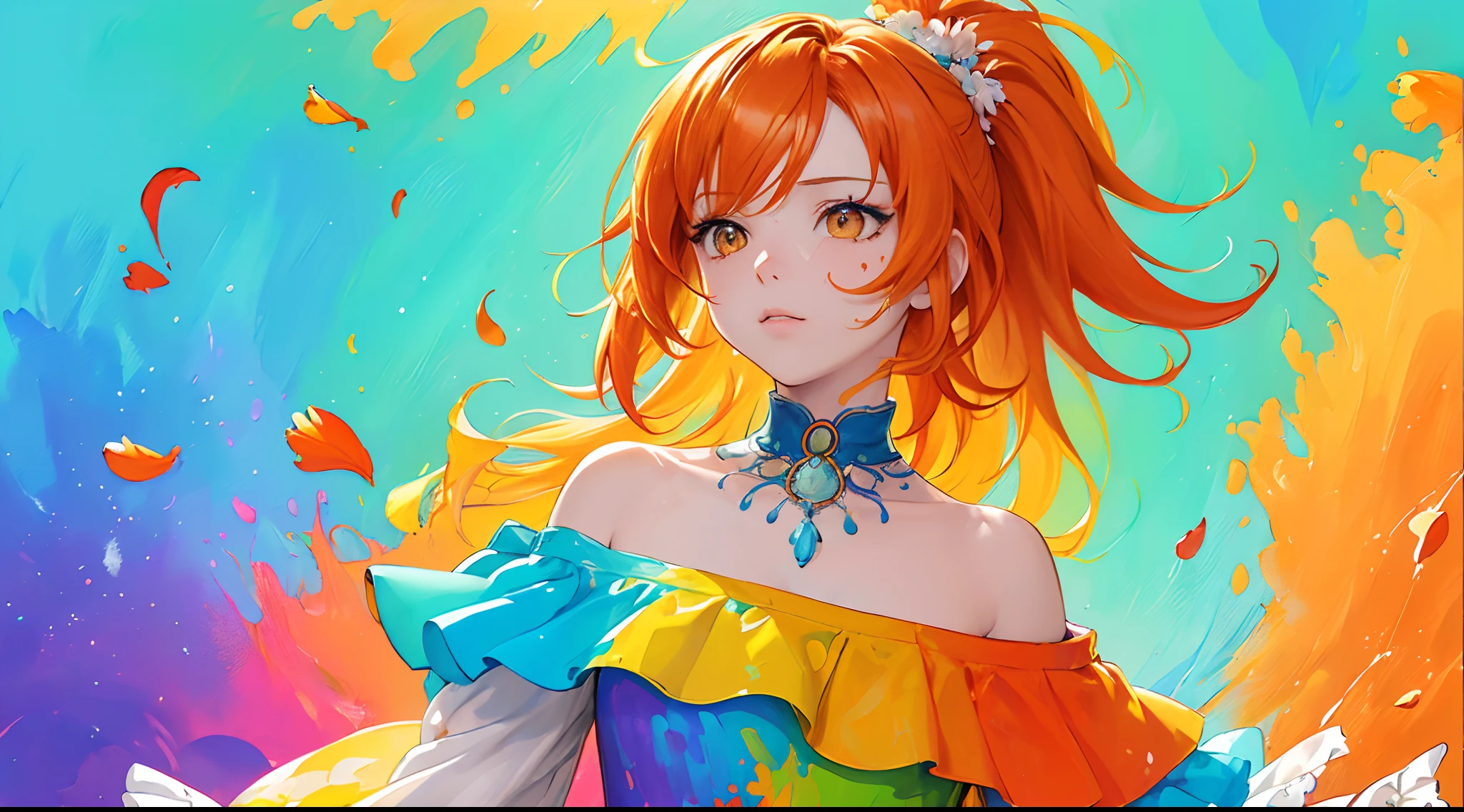 Red Fashion T-Shirt：1.9），(Blue hair: 1.8), (all the colours of the rainbow: 1.8),(((((Vertical Painting：1.6))), （Painting：1.6），front, comics, Illustrations, Painterly, Large eyes, Orange clear eyes,（ rainbow color gradient high ponytail：1.7）, Exquisite makeup, Closed mouth,(Small fresh: 1.5),(Wipe ?????: 1.6) ，long eyelashes, Blue off-the-shoulder T-shirt,  Blue Shoulder Shirt，gaze at the audience, big orange eyes, (rainbow-colored hair：1.6), Color splash, （Solo：1.8）, Color splash, Color explosion, Thick paint style, Messy lines, ((Shining))，(Colorful), (Colorful), (Colorful), Colorful, Thick paint style, (Splash) (Color splash), Vertical Painting, Upper body, Paint splashes, Acrylic Pigment, gradient, paint, Highest image quality, Highest Quality, masutepiece, Solo, depth of fields, Face Paint,  Orange clothes, (Elegant: 1.2), Gorgeous,Long hair, Wind, (Elegant: 1.3), (flower petals: 1.4)，(((masutepiece))),(((Best Quality))),((Ultra-detailed)),(Illustration),(Dynamic Angle),((floating)),(paint),((disheveled hair)),(Solo),(1girl in) , (((Detailed anima face))),((beautifull detailed face)),Collar,???? shoulders,Orange hair, ((Orange hair)),((striated hair)),Beautiful detailed eyes,(Orange Eyes),(((Orange Eyes))),(((Colorful background))),(((High color saturation))),(((Surrounded by colorful splashes))),