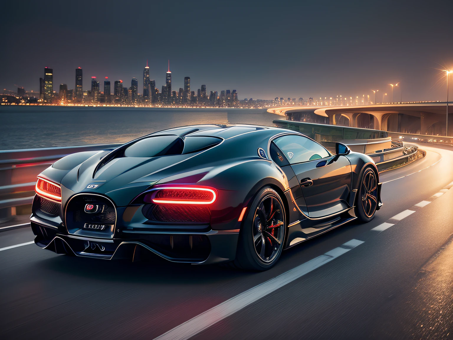 超A high resolution、An ultra-high picture quality、8K、Detailed details、marvelous expression、Big city at night、3 Bugatti Chiron Profilés on the highway、Turn on the headlights、Beautifully drive through sharp curves、