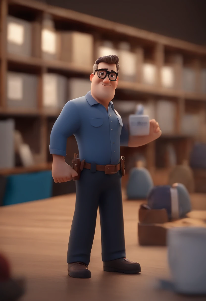 Cartoon character of a man wearing black glasses and a blue shirt, um personagem animado, Caractere estilizado, animation style rendering, 3D estilizado, Arnold Maya render, 3 d render stylized, toon render keyshot, Personagem 3D, Personagem 3D, 3d rendering stylized, 3 d character render, personagem de desenho animado, Personagem de close up, Pose de personagem, (Estilo Pixar) (master part:1.2) (Bokeh) (best quality) (pele detalhada) (textura detalhada) (8k) (argila) (Cinematic lighting) (foco nítido，Senta e vaza a parte superior do corpo