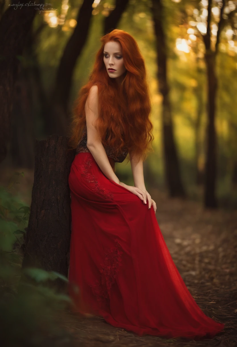 A woman with long red hair sitting on a tree stump - SeaArt AI