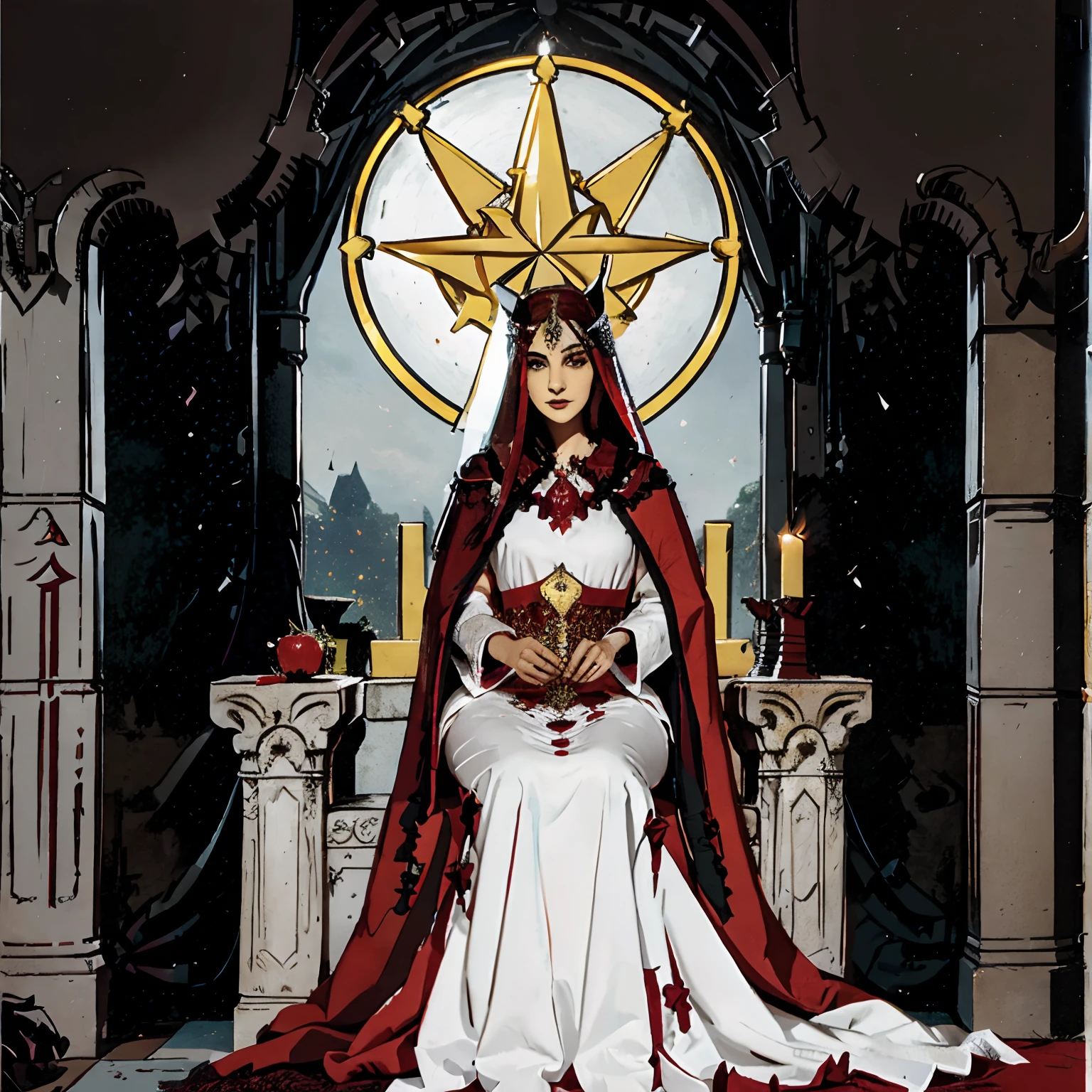 A vampire sits under a thin veil, decorated with pomegranates. On either side of the High Priestess are two pillars, Designation of the entrance to this Gothic castle. white pillars. The High Priestess is dressed in a red robe with a cross on her chest and a horned diadem, On her lap, In her hands, In her hands, She holds a sword in her hands, It is partially covered. At her feet is the crescent moon, Highly detailed