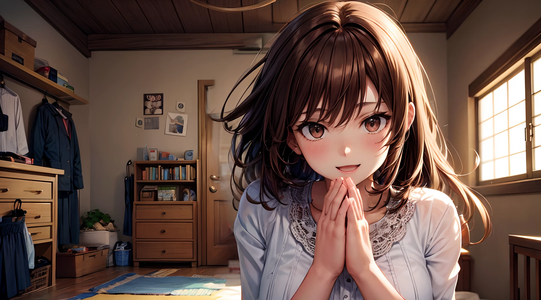 23
(smile) (very delicate and beautiful), (profile) (very delicate and beautiful), (hands in mouth) (embarrassed smile) eyes closed, (background is blurred) (scary) (glitter), (fluffy hair), (dynamic angle, portrait), (brown hair), (embarrassed), shiny pure white skin, depth of field、、、 random hair, (glitter), (one), cute girl,