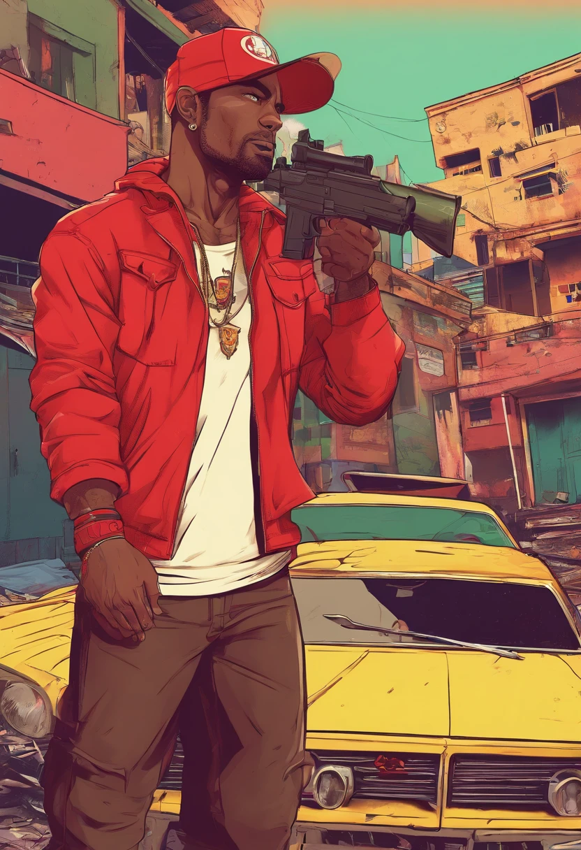 um homem com uma roupa vermelha em uma favela, segurando um rifle, (rosto e corpo extremamente detalhados), cores vibrantes, (retrato), tom de cor vermelha, dramatic lighting, (best quality, ultra-detalhado, Altas), Realistic