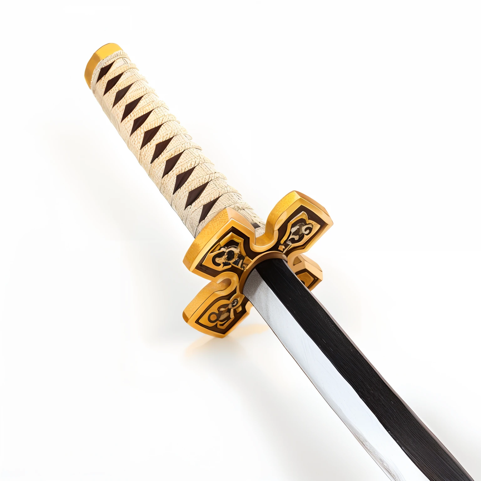There is a closeup of a sword with a wooden handle, espada larga amarela, Espada Katana de prata brilhante, katana in hand, Katana steampunk, espada bonita, Katana, Espada de Ouro, Katana Chainsaw Sword, Extremely sharp detail, espada grande, espada jiang, high detail and very sharp, Katana Bainha, Very sharp and detailed image