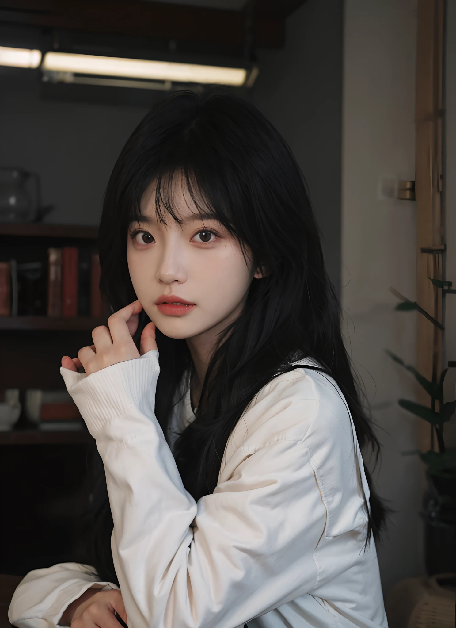 best qualtiy， 超高分辨率， （realisticlying：1.4）， A woman with long black hair and a gray sweater, 中景 the scene is, She has black hair，By bangs, young lovely Korean faces, wan adorable korean face, ulzzangs, Shin Jinying, beautiful aesthetic face, Korean face features, Played by Liu Lee Ji Eun ，Beautiful realistic face