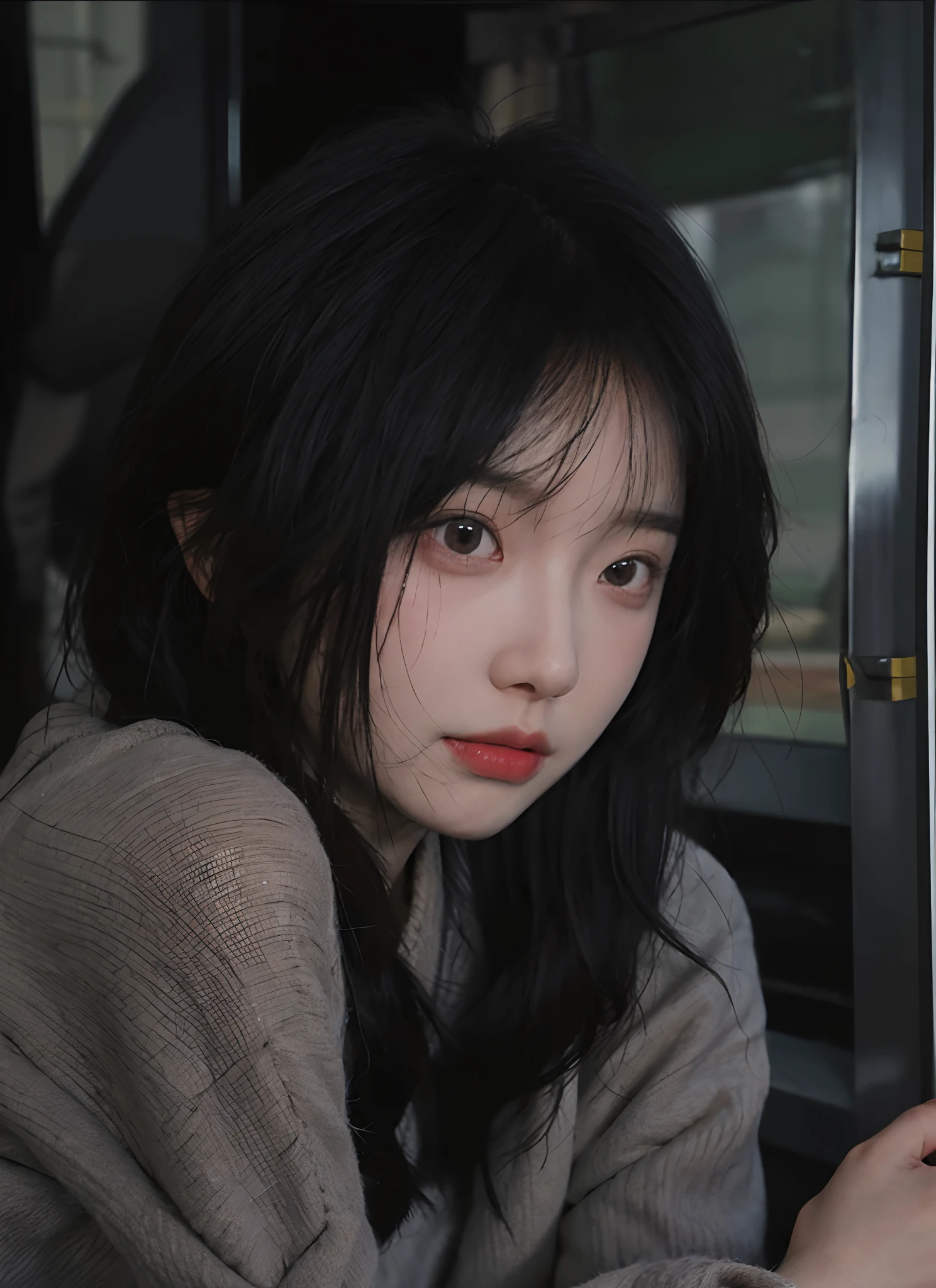 best qualtiy， 超高分辨率， （realisticlying：1.4）， A woman with long black hair and a gray sweater, 中景 the scene is, She has black hair，By bangs, young lovely Korean faces, wan adorable korean face, ulzzangs, Shin Jinying, beautiful aesthetic face, Korean face features, Played by Liu Lee Ji Eun ，Beautiful realistic face