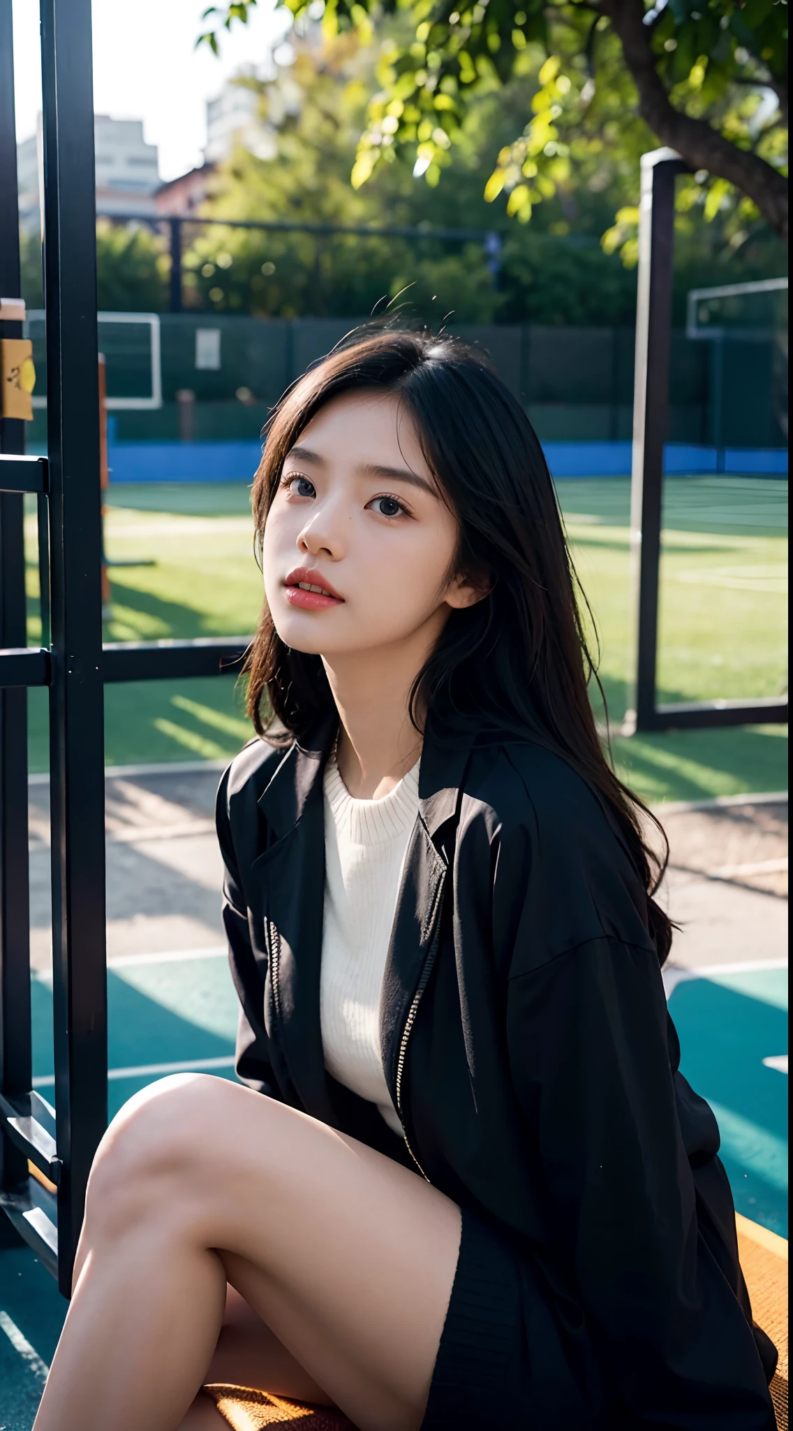 High-res, Realistic portrait of professional Chinese university campus lady with perfect skin，The breath of life should emphasize her sitting and standing postures，autumnal，Wear a black jacket，White sweater knitted underwear，Beautiful woman sitting on the playground of the schoolyard，Medium half-body，Long black hair，Looks confident and cute, Longing for freedom and beauty，Surrounded by the atmosphere of modern school life， Vibrant and naturally lit highlights. The artwork should emphasize her elegant facial features, Including charming long eyes, Fluttering eyelashes and seductive lips. The scene should be enhanced with elements of professionalism and visual appeal，For example, Medium-sized playground，tennis court，basketball ball，Mainframe computers, High-resolution display, and a complex and diverse student body，Displays the people in the crowd，Highlight the beauty focus， The overall tone should be warm and professional, The sun shines on the playground，soft sun light，Has a soft and natural color palette. The artwork should exude a sense of professionalism, Success, and cultural pride，The background is blurred out，Protrude two or three background figures，