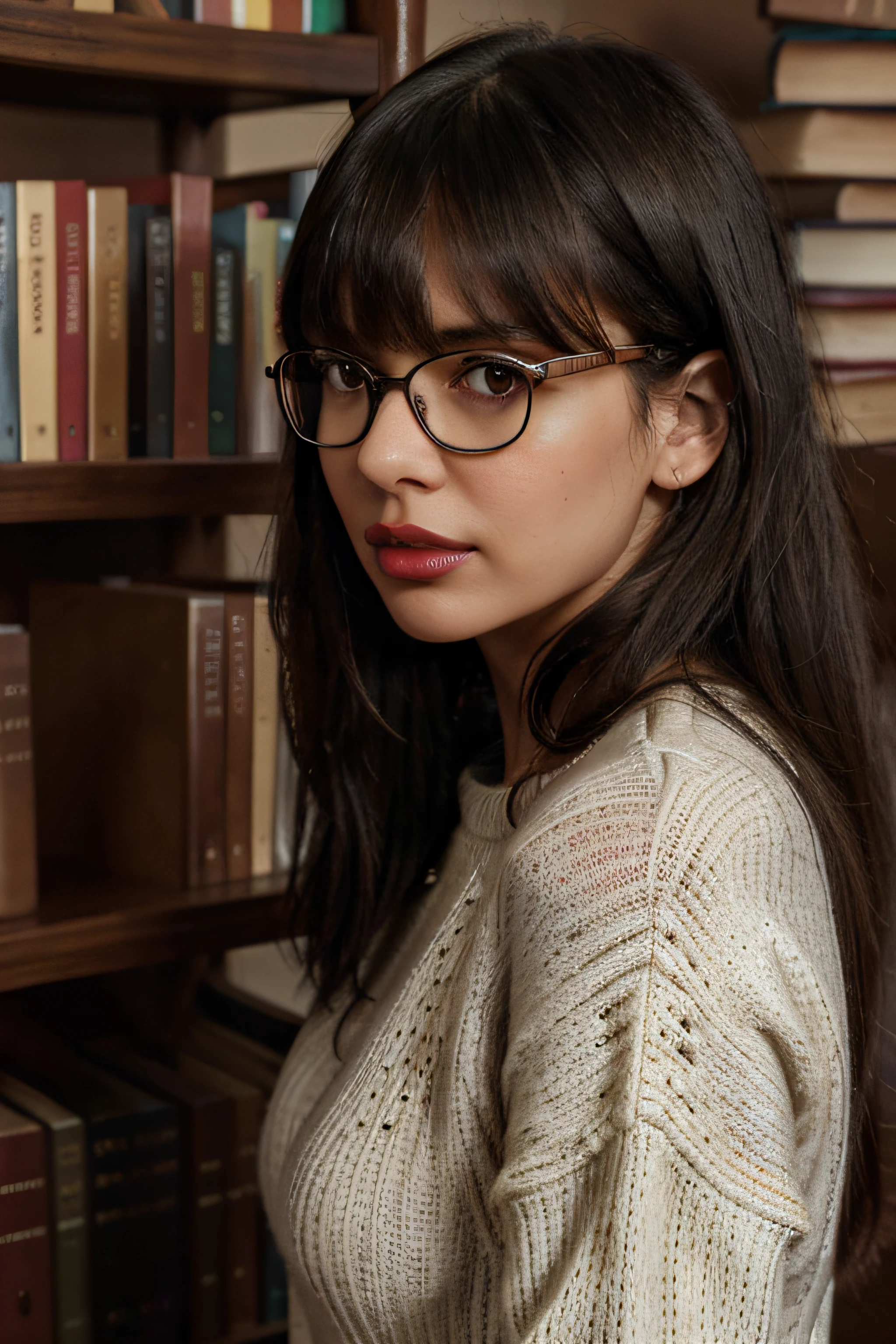 (realistic, highres, ultra-detailed), (female, woman:1.1), (brown eyes:1.1), (black hair:1.1), (lips:1.1), (sweater), (red lips:1.1), (blurry background), (bookshelf), (glasses), (bangs), (books), (medium shot), (side view)