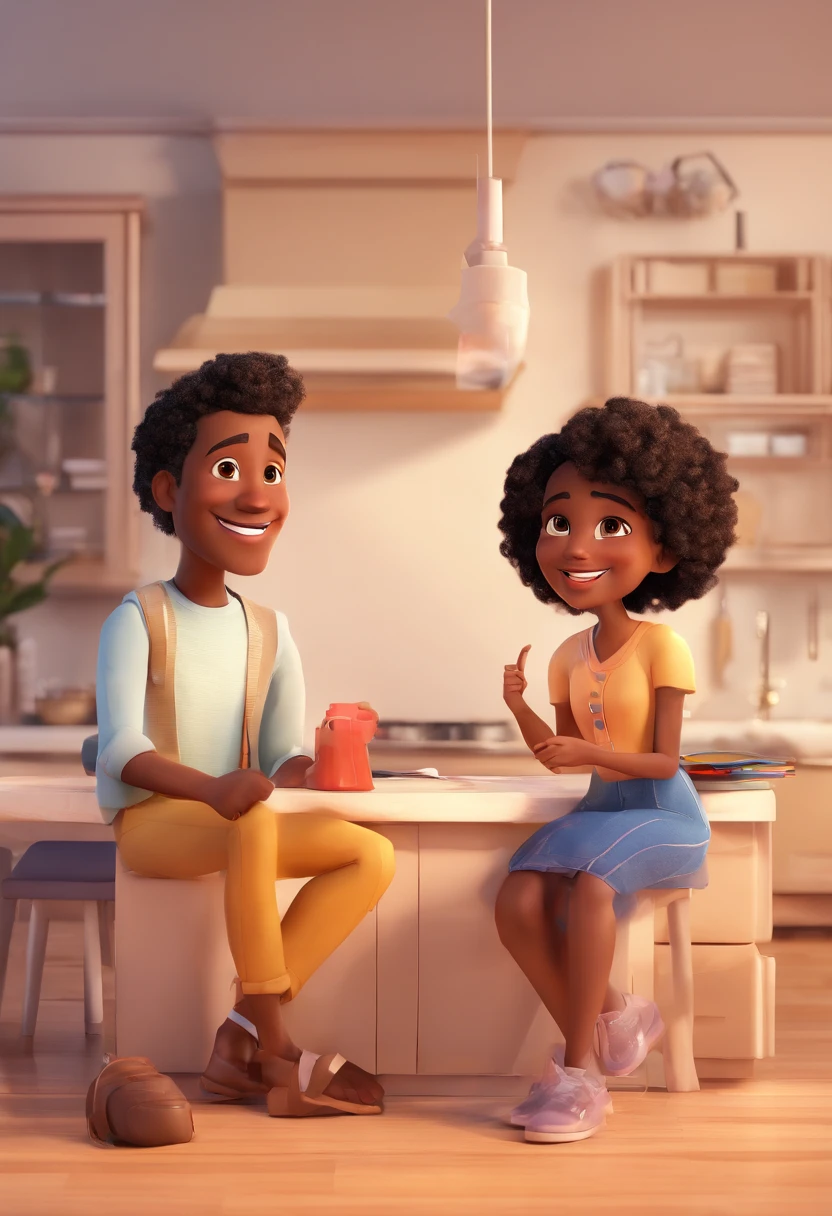 An illustration of an adorable couple, Highlighting a mulatto man and a black woman with beautiful expressive eyes – the man's skin is white and the man's hair is straight and black, while the woman's skin is black and the woman's hair is straight and brown. They are a bright room, cada um com um sorriso no rosto, e compartilhar um momento especial caracterizado pelo amor, Insights. Illustrate this scene from a perspective where they are facing the camera, Smiling and Showing Your Connection. Desenvolva esta arte em Full HD, Focus on your cinematic touch, Estilo Disney Pixar Animations