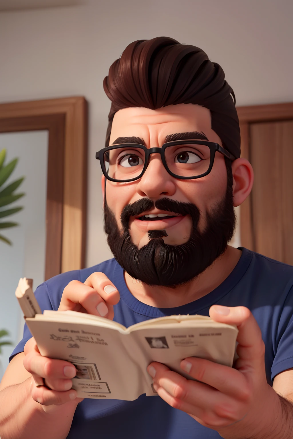 Crie um rapaz com barba, sobrancelha grossa, nariz gordinho, moreno claro, de terno e gravata, cabelo castanho escuro, olhos pretos, In your hand a credential written on it: Saulo Braga, Real Estate Consultant