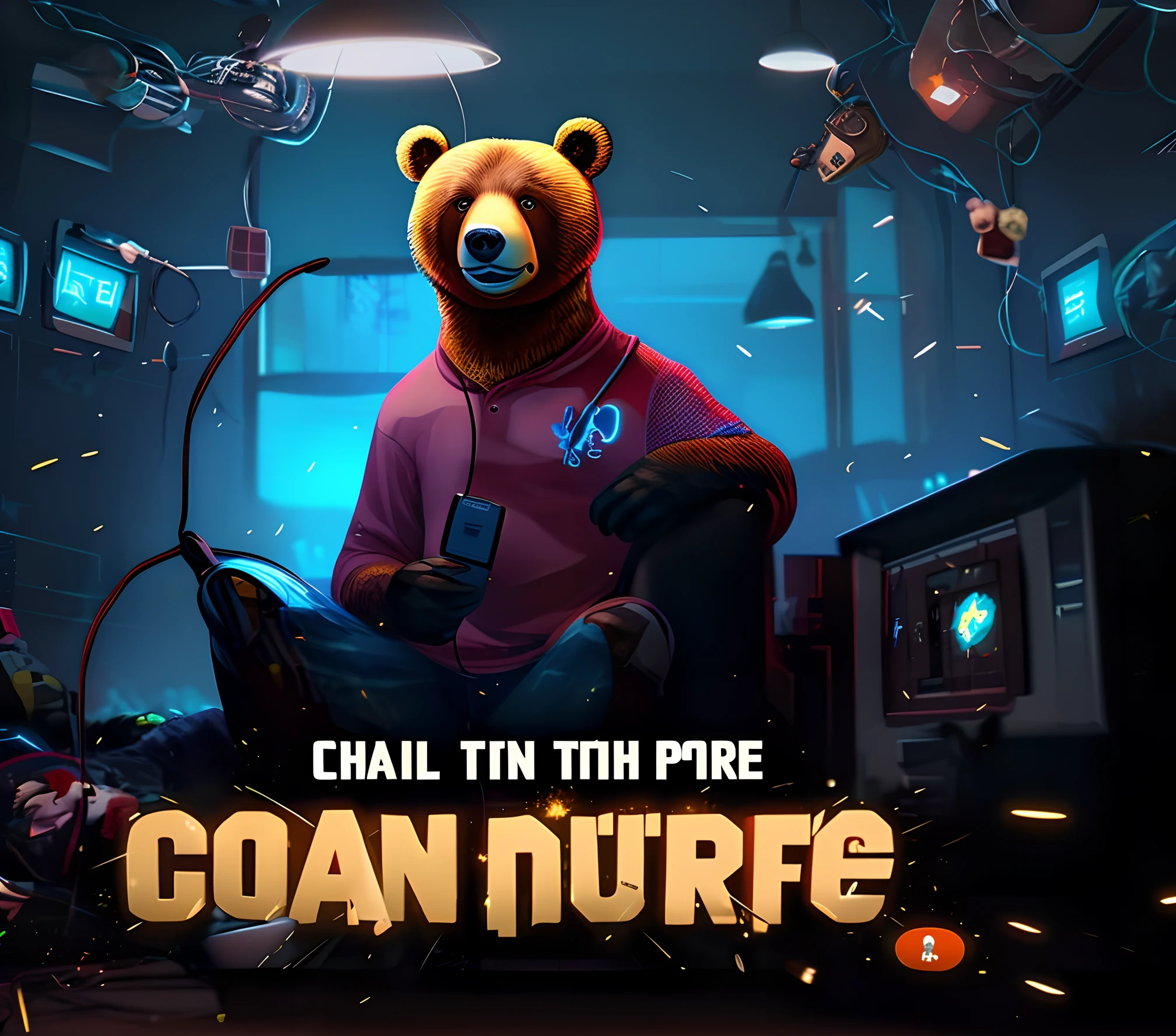 Bear wear the headphone,and play game,