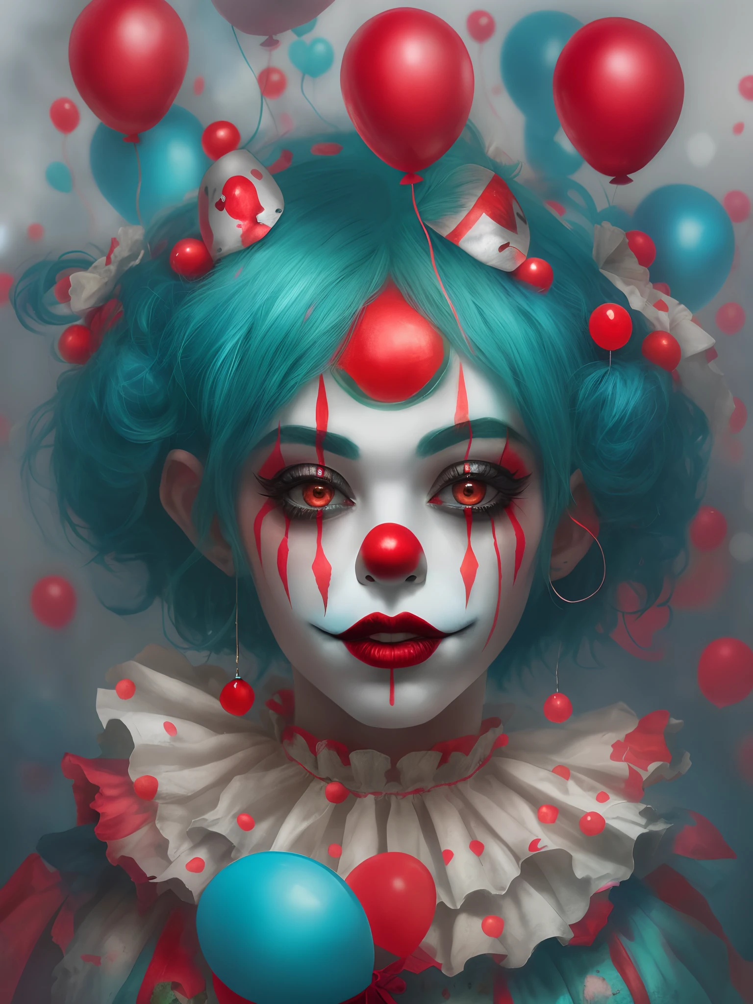 The clown with blue hair and red clown makeup is surrounded by red balloons, cutecore clowncore, creepy clown girl, scary clown, Clown Girl, Detailed painting 4 K, portrait death clown, Artstation contest winner, goth clown girl, Deviantart ArtStation CGSCOSIETY, cgsociety contest winner!!, cgsociety contest winner!!!, y 2 k cutecore clowncore