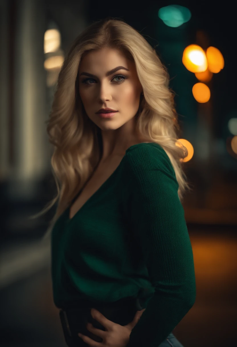 professional, (4k photo:1.1) by (Jeremy Lipking:0.3), (Dittmann Anna:0.3), (Arian Mark:0.3), (Sharp focus:1.3), high detail, wearing (tight shirt:1.2), beautiful detailed face, an attractive woman with long blonde hair looks into the camera, looking like actress Katherine McNamara, panasonic lumix s pro 50mm f/1.4, anne stokes, color splash, dark orange and dark emerald, ferrania p30, photo realistic, (attractive young woman:1.3), (seductive:1.1), (blushing:1.1), hourglass body shape, big round breasts, wide hips, in background city, taking selfie, wearing jumper