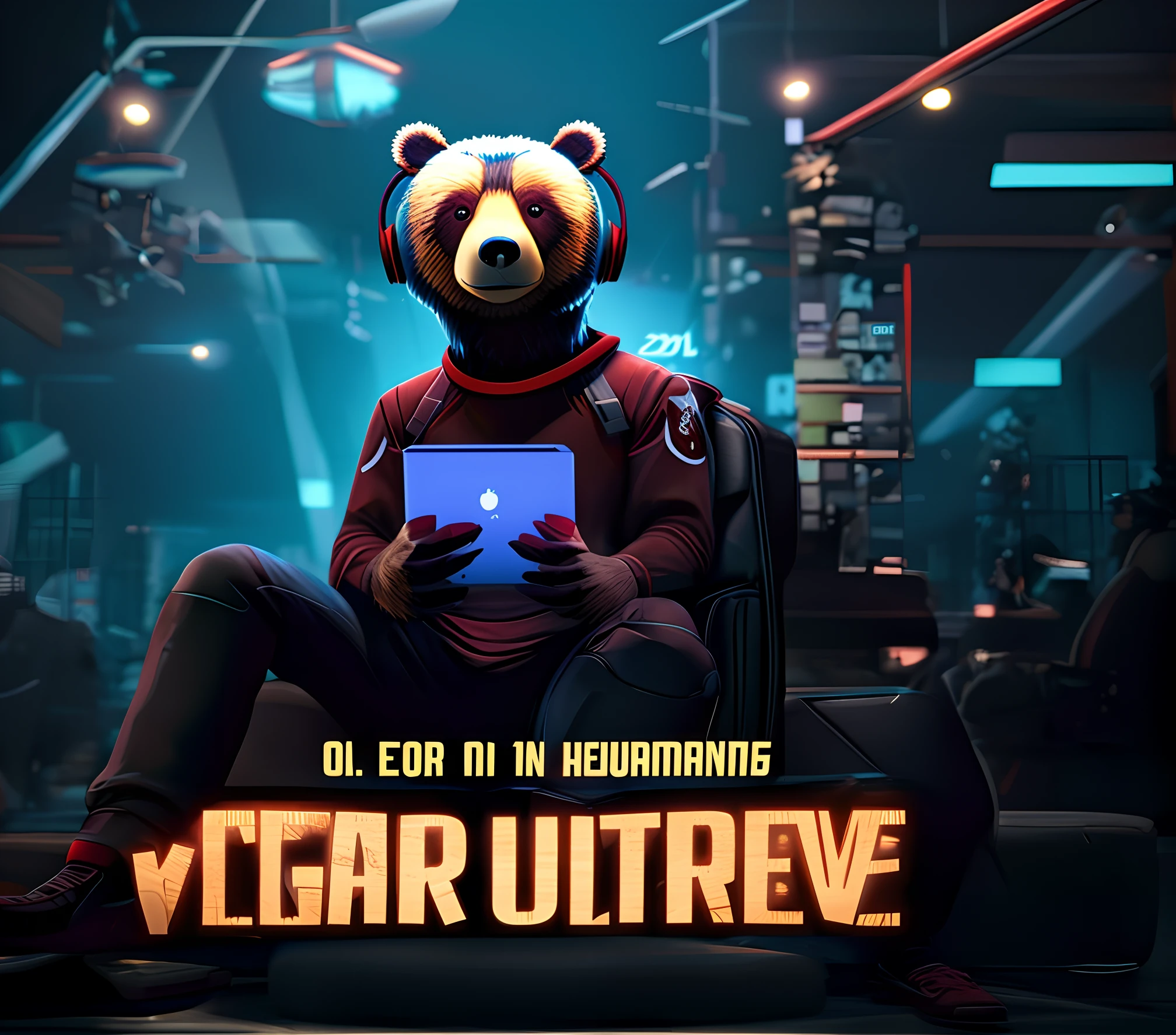 Bear wear the headphone,and play game,