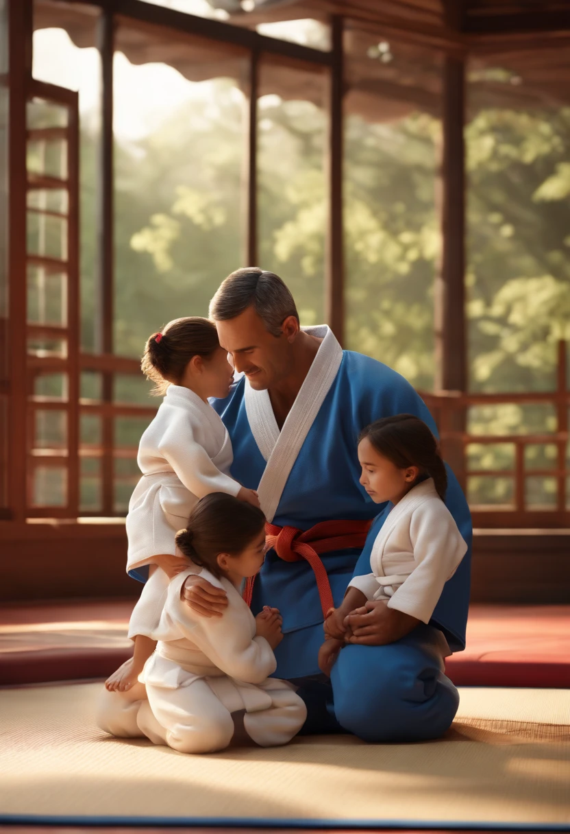 Pixar studio, 3D, 4K, high resolution, ultra-detailed, best quality:1.2), a father and his two daughters, wearing jiu-jitsu gis, kneeling in the dojo with white tatami.