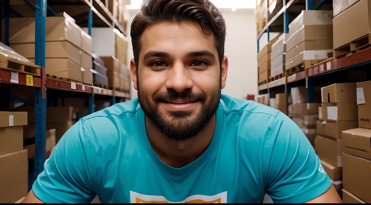 Post no estilo Disney Pixar
retrato de meio corpo de 1 jovem Homem de 40yo segurando caixas marrons, cabelos loiros, vestindo camiseta azul lisa, tampa azul lisa do caminhoneiro, olhos perfeitos, Perfect lips, nariz perfeito, Cor profissional graduada, homem maravilhosa, E-commerce background, warehouse bottom, homem bonito, sorridente, Brasileiro, com barba, regra dos terceiros disparados