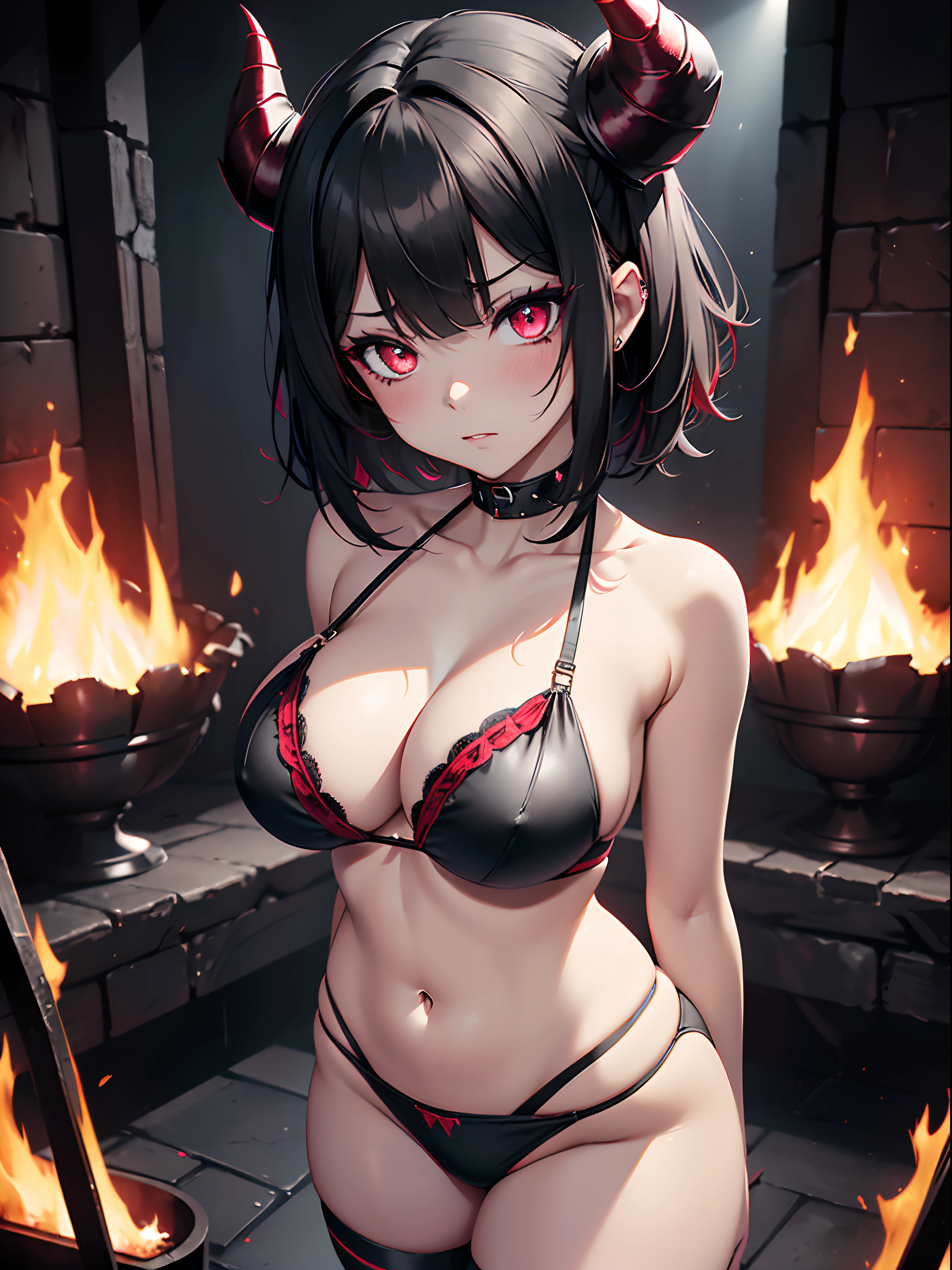 (best quality, UHD, ultra sharp), 1girl, solo, goth girl, black hair, short hair, black horns, (red bikini: 1.2), red anime eyes, blush, (medium breast:1.4), thick thighs, dark fantasy, dark lights, laced high shoes, dark atmosphere, horror, macabre, dramatic lighting, in hell, fire on background