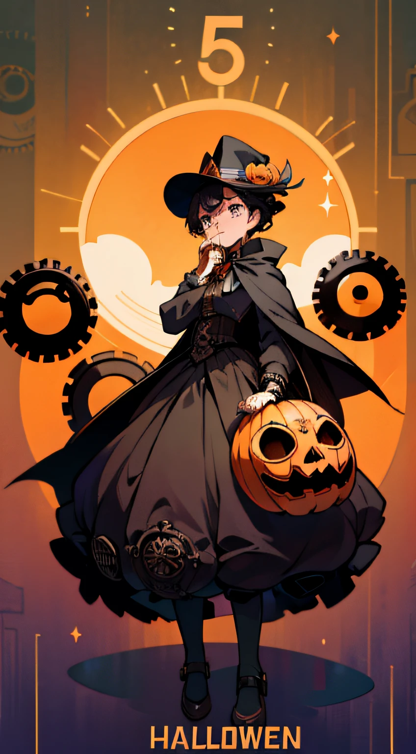 (top-quality、masterpiece)、16k accurate depiction、16k accurate depiction、Smooth depiction、A world full of gears、Rap battles, desperate resistance, looking away, crying faces, confronting, psychedelic、Steampunk world view、Halloween worldview、Anime type tall beautiful girl、Wearing a Halloween pumpkin mask made by countless gears、Jack-o'-lantern in cloak and tuxedo、Bright々Beautiful eyes that sparkle、full body Esbian、Gear and watch ornaments、Wear a steampunk-inspired costume all over your body、Fairytale atmosphere、