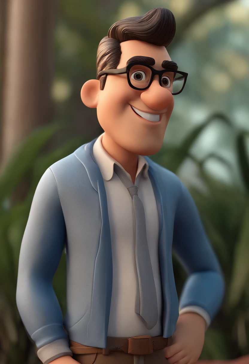 Cartoon character of a man with black glasses, cabelo cacheado marrom escuro e uma camisa azul, animation character, Caractere estilizado, animation style rendering, 3D estilizado, Arnold Maya render, 3 d render stylized, toon render keyshot, Personagem 3D, Personagem 3D, 3d rendering stylized, 3 d character render, personagem de desenho animado, Personagem de close up, Pose de personagem, (Estilo Pixar) (master part:1.2) (Bokeh) (best quality) (pele detalhada) (textura detalhada) (8k) (argila) (Cinematic lighting) (foco nítido