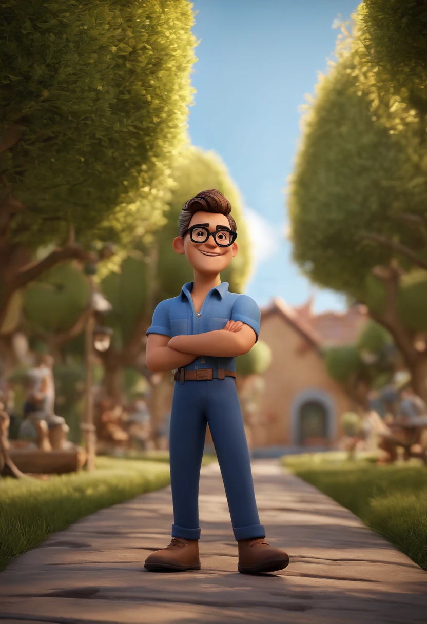 Cartoon character of a man with black glasses, cabelo cacheado marrom escuro e uma camisa azul, animation character, Caractere estilizado, animation style rendering, 3D estilizado, Arnold Maya render, 3 d render stylized, toon render keyshot, Personagem 3D, Personagem 3D, 3d rendering stylized, 3 d character render, personagem de desenho animado, Personagem de close up, Pose de personagem, (Estilo Pixar) (master part:1.2) (Bokeh) (best quality) (pele detalhada) (textura detalhada) (8k) (argila) (Cinematic lighting) (foco nítido